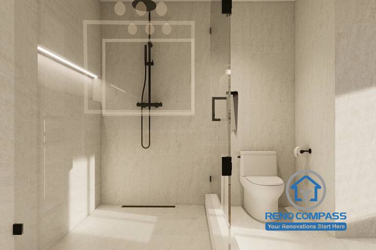 Contemporary walk-in shower design created for a Markham whole home renovation project. This bathroom features large-format porcelain tiles, a frameless glass enclosure, matte black fixtures, integrated niche shelving, and a curbless shower layout that combines modern aesthetics with everyday functionality.