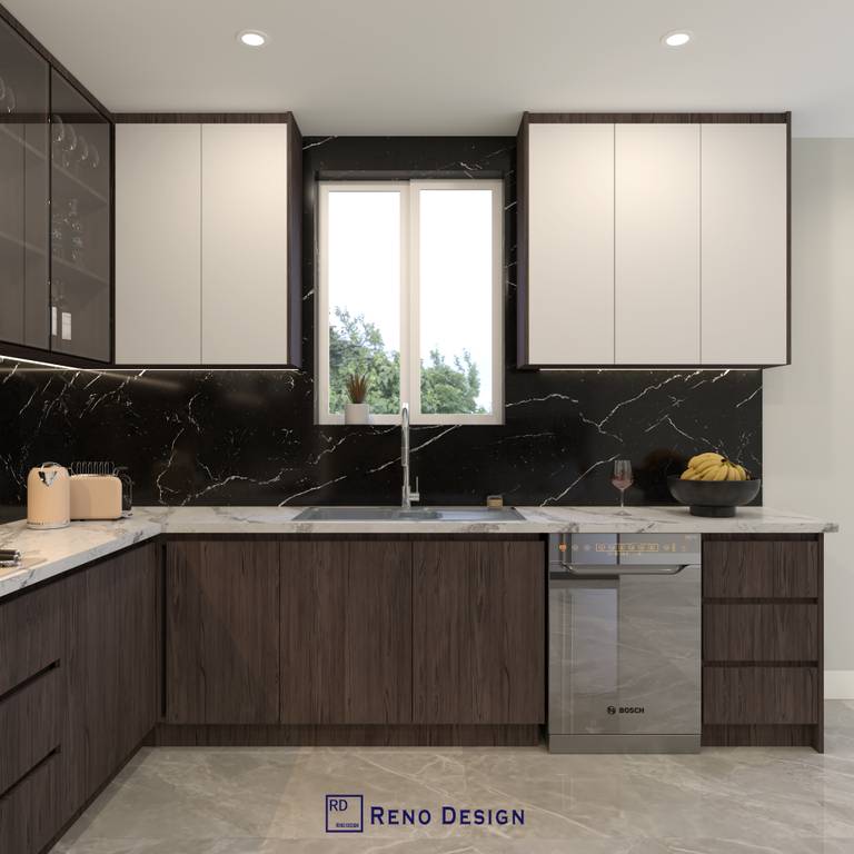 This Toronto modern kitchen design features a spacious open-concept layout with custom dark wood cabinetry, sleek white upper cabinets, and a premium black marble backsplash. Built-in stainless steel appliances, elegant lighting, and high-end finishes create a sophisticated yet functional cooking space. Designed for both style and practicality, this contemporary kitchen seamlessly connects with the living area, offering a bright, luxurious environment perfect for modern Toronto homes.