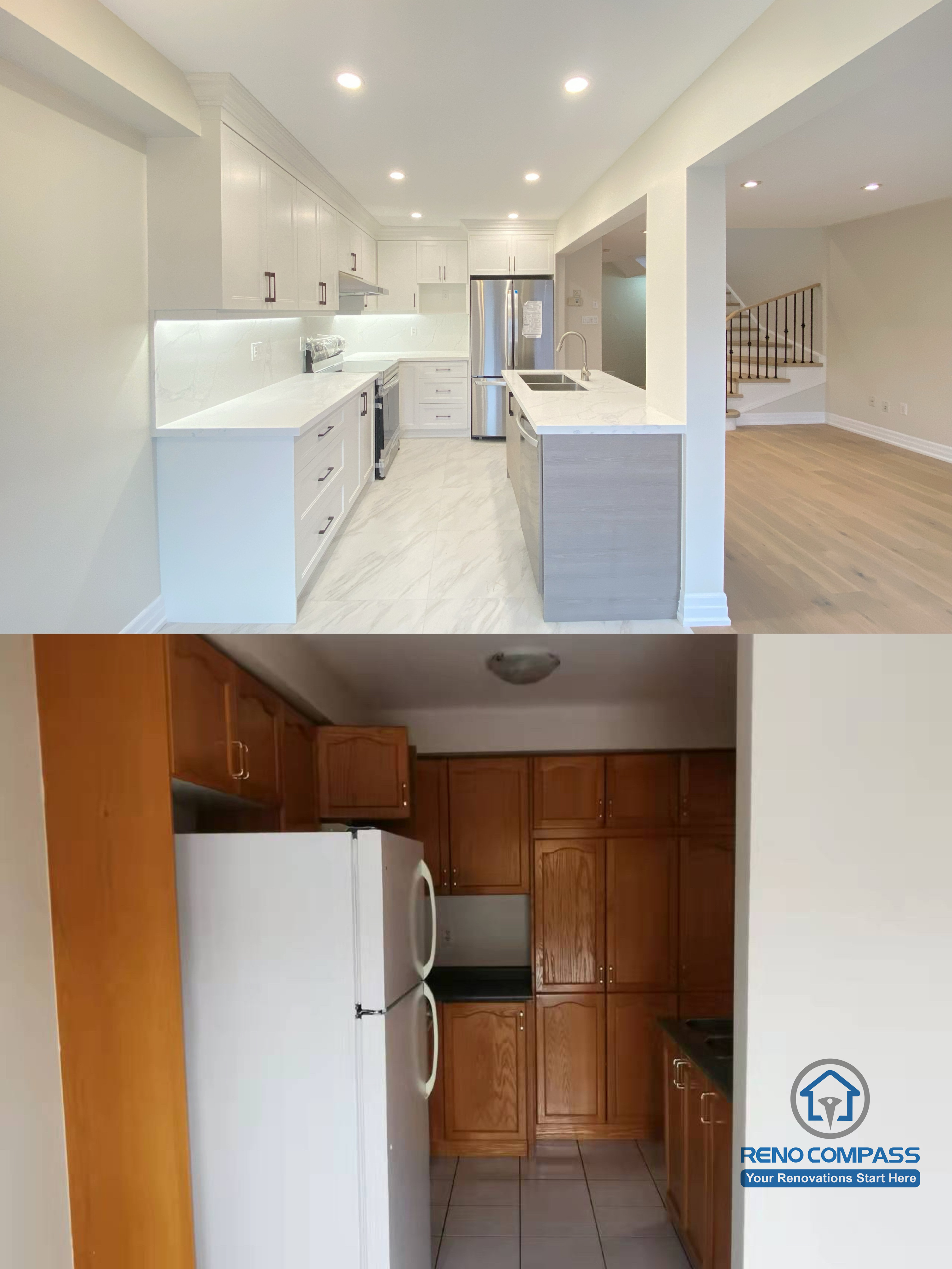 This Markham interior renovation showcases a kitchen remodel before and after transformation. The original enclosed kitchen with dated wood cabinetry was redesigned into a bright open-concept kitchen featuring custom white cabinets, quartz countertops, a modern center island, and upgraded lighting. The new layout improves functionality, storage, and visual flow, creating a more spacious and contemporary kitchen. Completed by a trusted Toronto renovation company, this kitchen renovation adds both everyday comfort and long-term value to a Markham home.