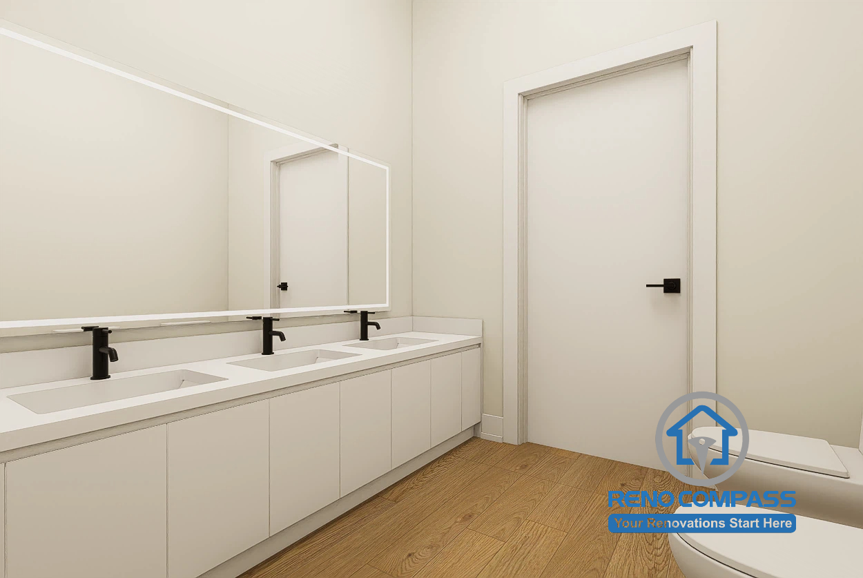 A clean and modern kindergarten washroom in Toronto featuring child-accessible sinks, durable materials, and a safe layout designed to meet hygiene and safety standards for young children.