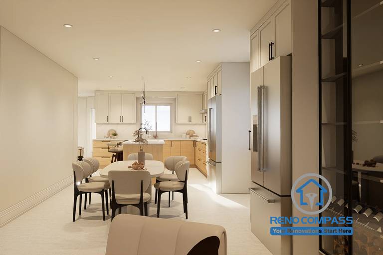 Open-concept kitchen and dining area designed for a Markham whole home renovation project. Featuring custom cabinetry, a spacious kitchen island, integrated storage solutions, natural wood accents, and a functional layout that seamlessly connects cooking, dining, and entertaining spaces for modern family living.