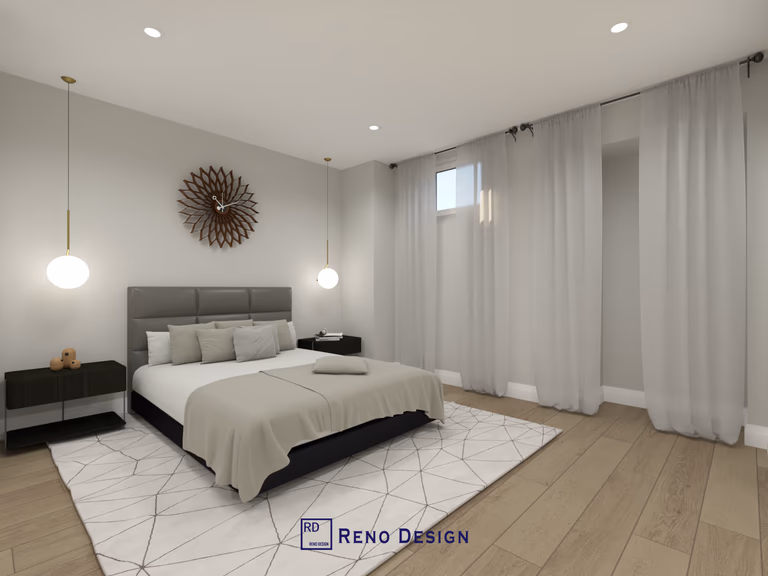 This basement bedroom is part of a 1250 sqft modern basement renovation project located in the Aurora community of the Greater Toronto Area. Designed with a clean and contemporary style, the bedroom features a neutral color palette, efficient lighting, and a comfortable layout that enhances privacy and functionality. The renovation transforms the basement into a practical living space, adding flexibility and value to the home, completed by a professional Toronto renovation company.