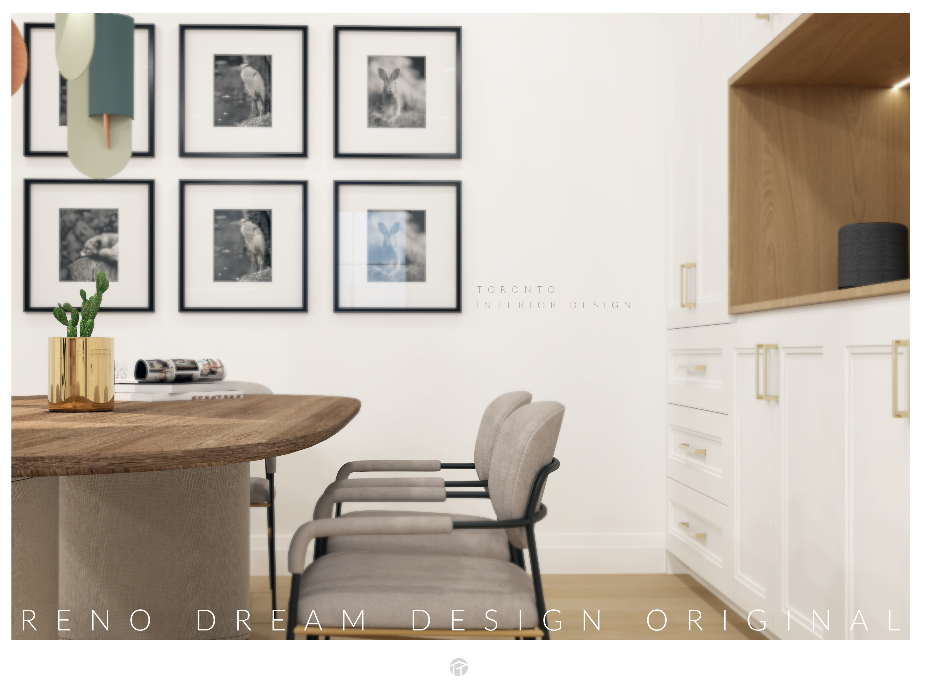 Stylish dining area interior design in North York Toronto featuring a solid wood dining table, upholstered modern chairs, custom white cabinetry with warm wood niche, and a curated gallery art wall. This thoughtfully composed space reflects Reno Compass’ refined approach to contemporary interior design, balancing clean lines, functional storage, and elegant detailing for sophisticated Toronto residences.