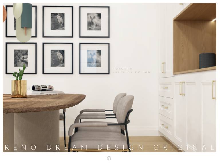 Stylish dining area interior design in North York Toronto featuring a solid wood dining table, upholstered modern chairs, custom white cabinetry with warm wood niche, and a curated gallery art wall. This thoughtfully composed space reflects Reno Compass’ refined approach to contemporary interior design, balancing clean lines, functional storage, and elegant detailing for sophisticated Toronto residences.