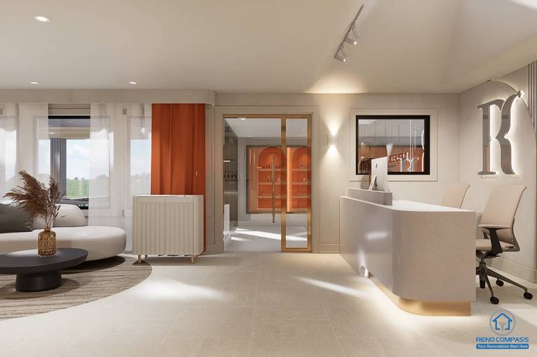 An entrance view of a Markham medical aesthetic clinic renovation project, showcasing the reception area, waiting space, and interior flow designed to guide clients smoothly through the clinic.