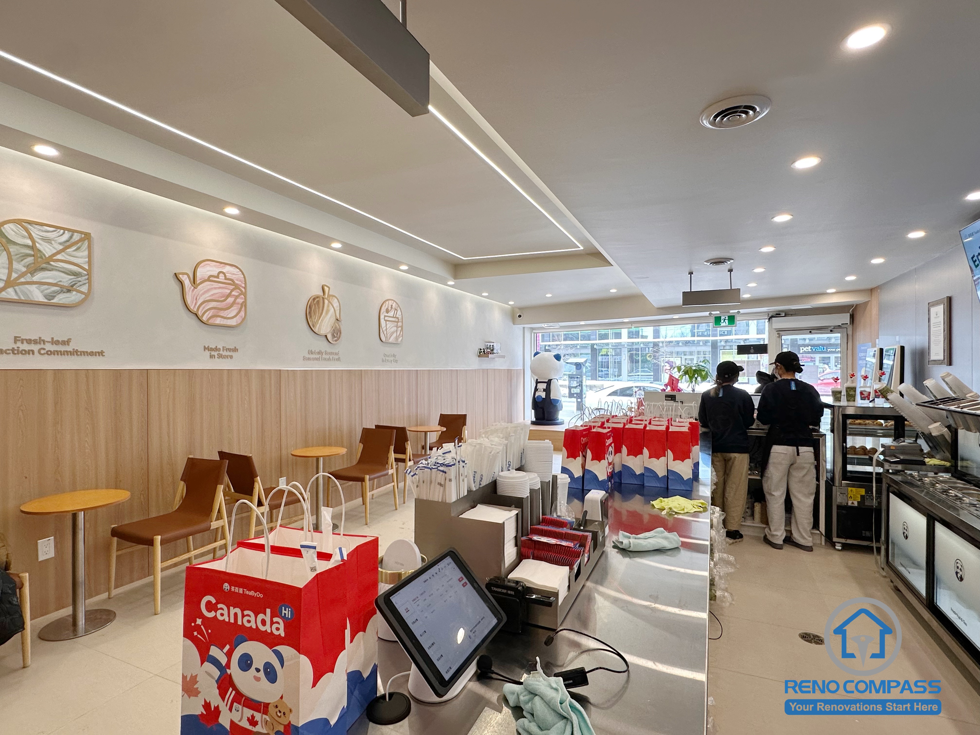 This North York bubble tea shop interior renovation showcases a modern commercial layout with upgraded lighting, custom seating area, and an efficient service counter design. Completed by a professional Toronto renovation company, the space is optimized for smooth workflow, high customer volume, and a clean, welcoming retail environment ideal for busy beverage shops and café operations.