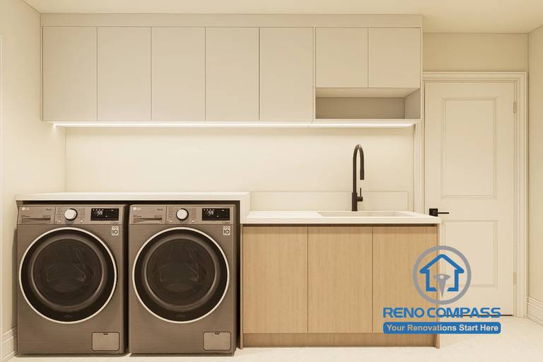 Custom laundry room design developed for a Markham whole home renovation project. Featuring built-in cabinetry, quartz countertops, integrated utility sink, overhead storage, and a functional layout that maximizes efficiency while maintaining a clean and modern aesthetic.