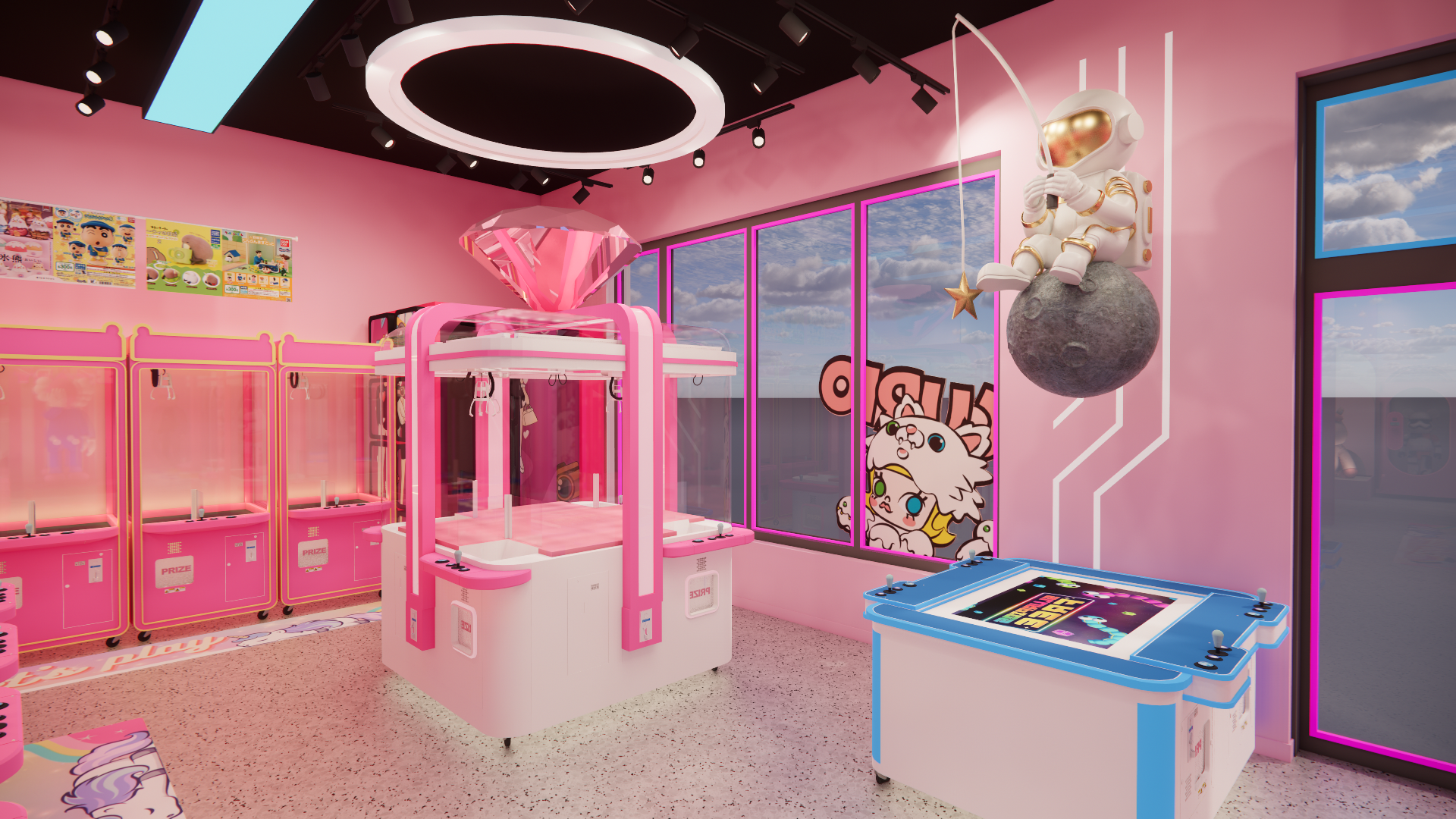 An interactive multiplayer game zone inside a Waterloo claw machine arcade, featuring a four-player arcade machine set within a pink-themed entertainment space. The open layout, themed lighting, and surrounding claw machines encourage group participation and social interaction, creating an engaging and dynamic gaming experience ideal for modern arcade and family entertainment centers.