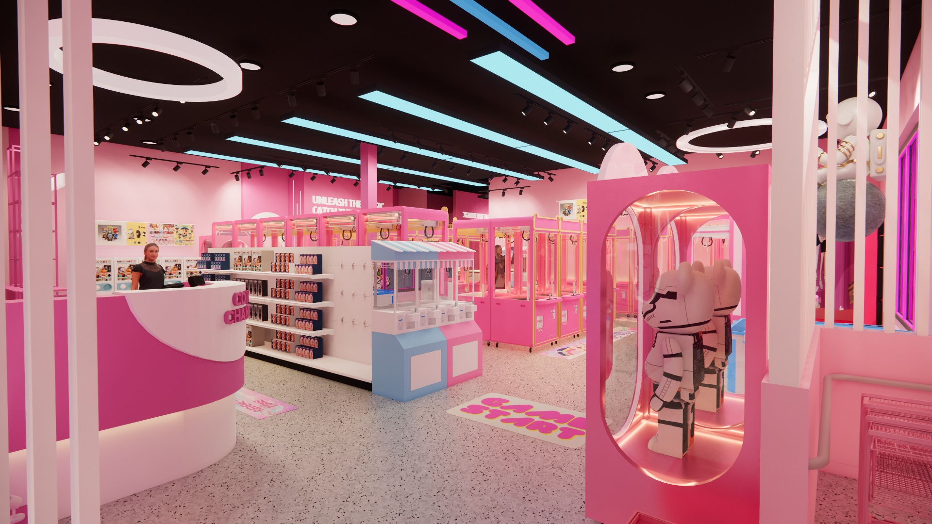 The main front desk and entrance area of a Waterloo claw machine arcade, featuring a curved coin exchange counter, character display pods, and a clear view into the gaming zone. The pink-themed interior, layered lighting design, and open sightlines create a welcoming first impression while guiding customers smoothly from the entrance into the arcade and retail areas.