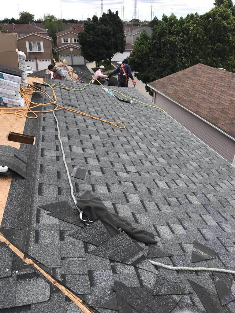 This image features the completed result of a residential roof replacement project in Toronto, showcasing newly installed asphalt shingles with a clean and uniform finish. The upgraded roofing system includes proper ventilation components and carefully aligned shingle placement to ensure long-term durability and protection against Toronto’s changing weather conditions. The project focuses on improving structural reliability, waterproof performance, and overall exterior appearance. Installed by a professional Toronto roofing and renovation team, the new roof enhances curb appeal while providing dependable, energy-efficient protection for the home throughout all seasons.