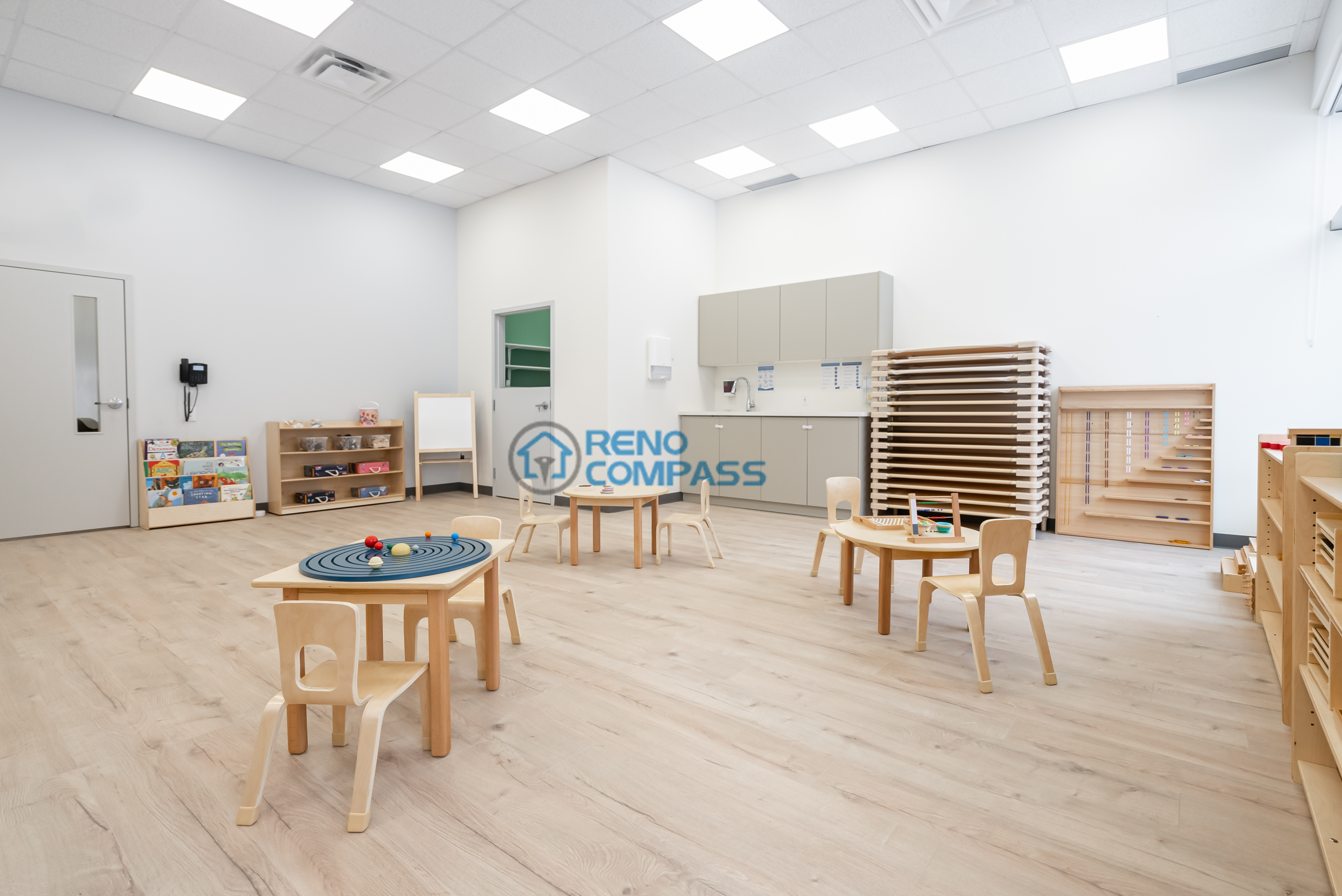 Multi-purpose daycare learning room renovation in Richmond Hill, offering a spacious layout, smooth flooring, and practical finishes suitable for various childcare activities.