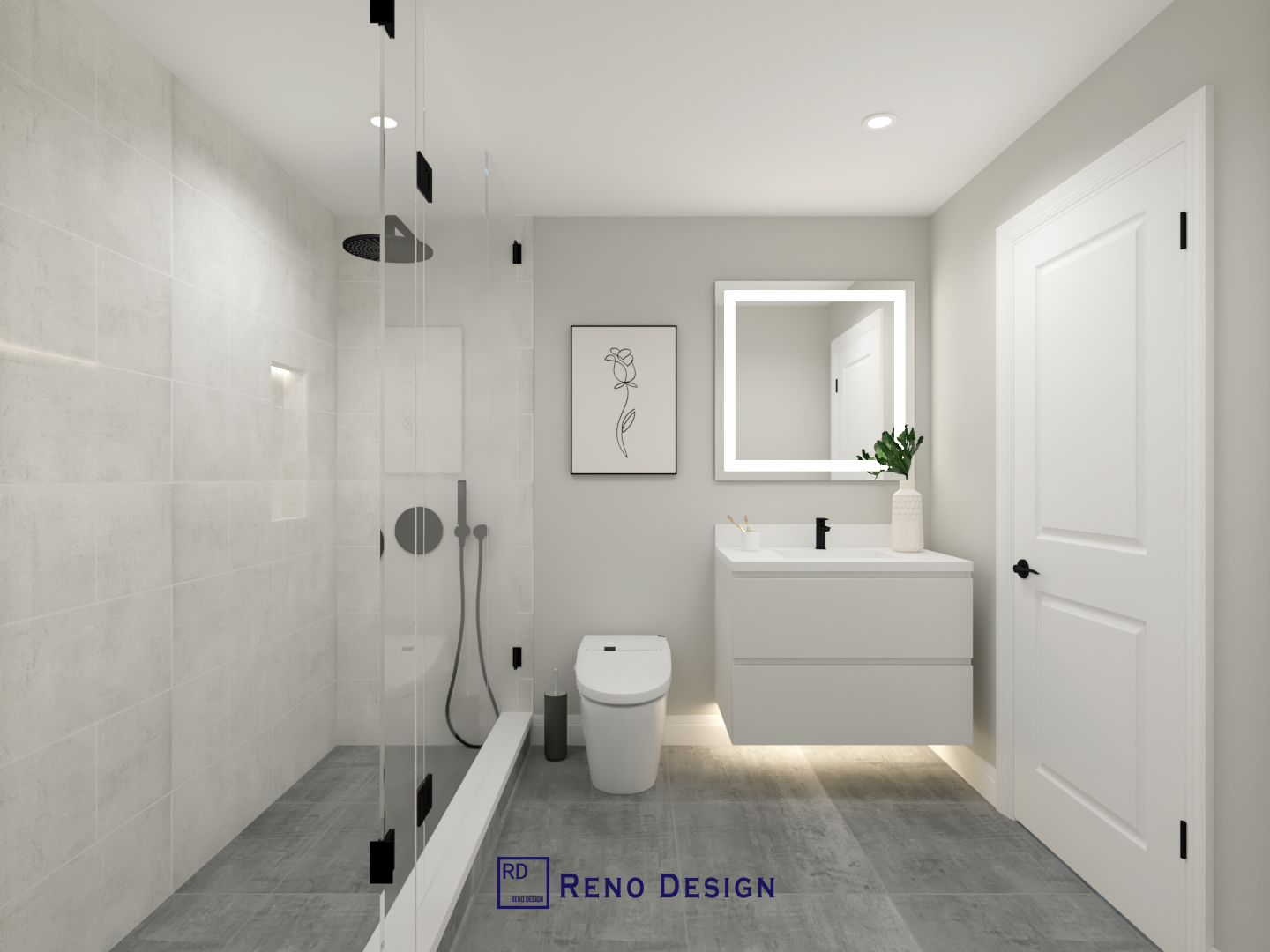 This Aurora basement bathroom renovation features a clean and modern minimalist design with a walk-in glass shower, floating vanity, LED backlit mirror, and large-format tile flooring. The neutral color palette enhances brightness in the basement space while maximizing functionality and comfort. Designed for durability and everyday use, this basement bathroom showcases high-quality finishes and thoughtful space planning by a professional Toronto renovation company.
