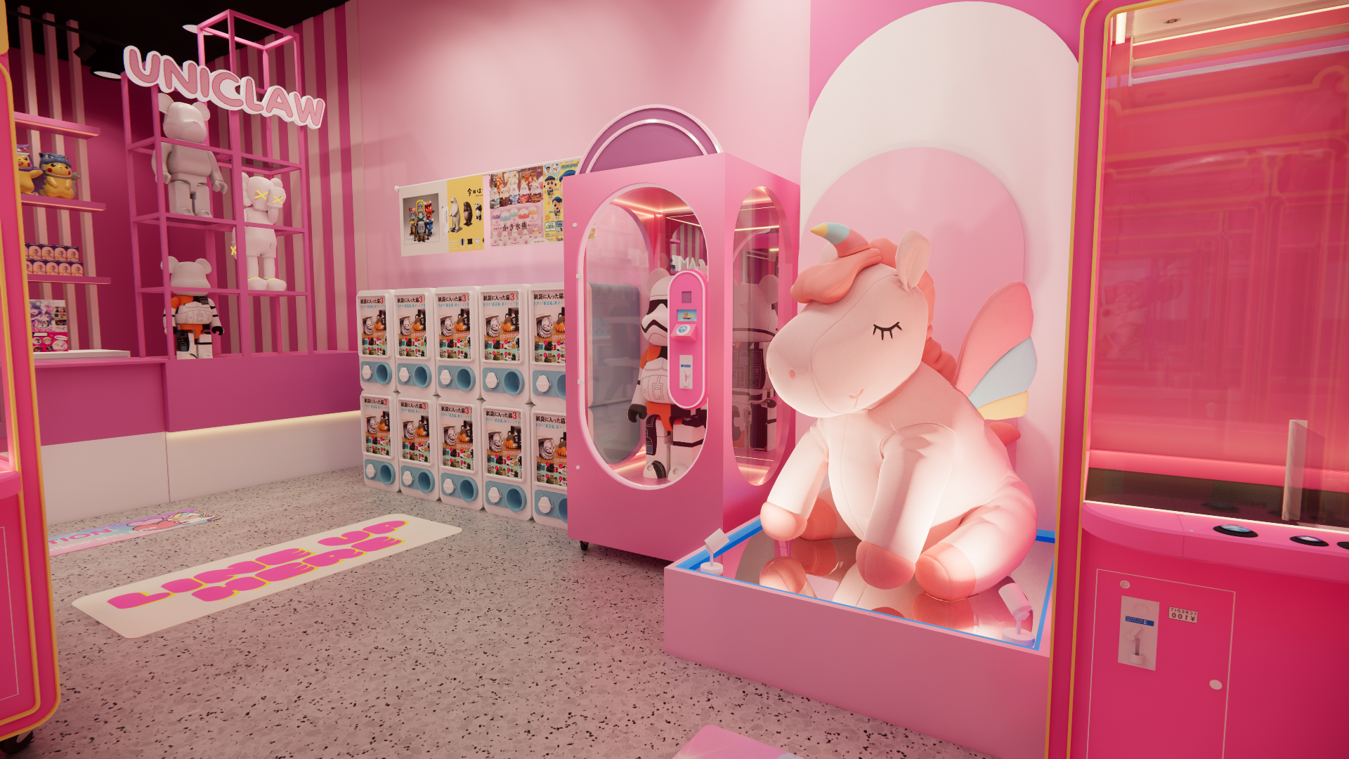 A highlighted feature display inside a Waterloo claw machine arcade, showcasing oversized character dolls and capsule toy machines within a pink-themed entertainment space. The arched display structure, soft lighting, and playful character elements enhance visual appeal and customer interaction, creating an immersive and photo-friendly arcade environment ideal for modern claw machine and toy store designs.