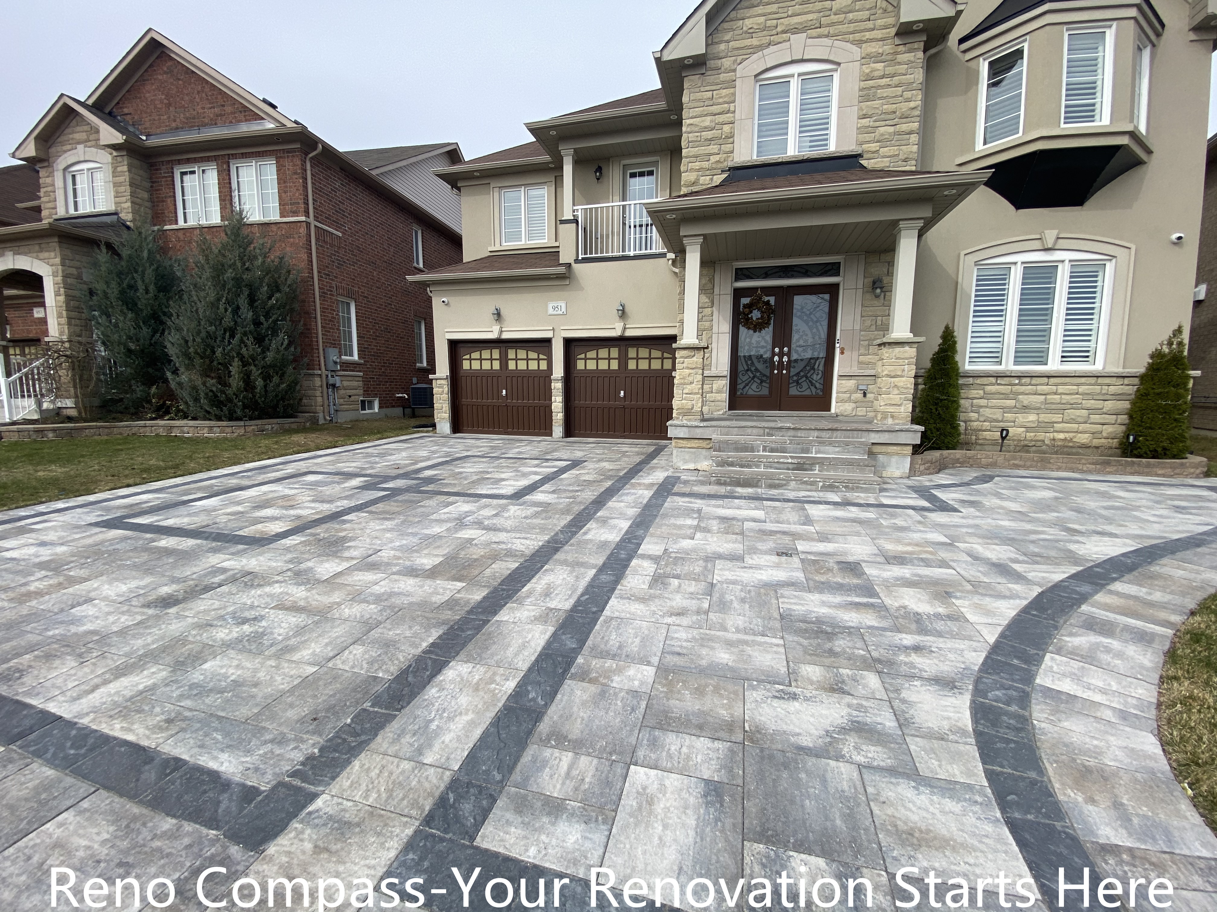 Completed interlocking driveway renovation in Newmarket featuring a large-scale front yard hardscape with patterned concrete pavers and contrasting border lines. The upgraded driveway enhances curb appeal, provides a durable parking surface, and complements the home’s exterior architecture. Designed and installed by a trusted Toronto renovation company specializing in high-quality residential exterior renovations.