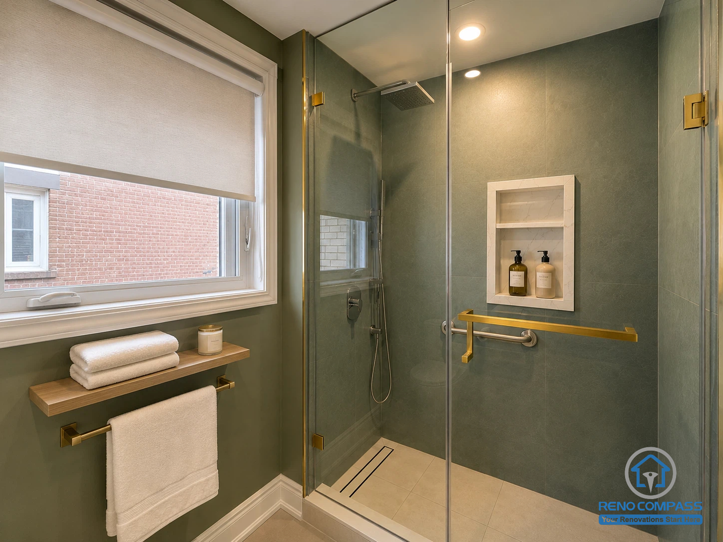 This modern walk-in shower was completed as part of a whole house renovation in North York. Featuring large-format wall tiles, a frameless glass enclosure, brushed gold fixtures, a built-in shower niche, and a linear drain, the space delivers a clean, luxurious design that combines everyday functionality with timeless contemporary style.