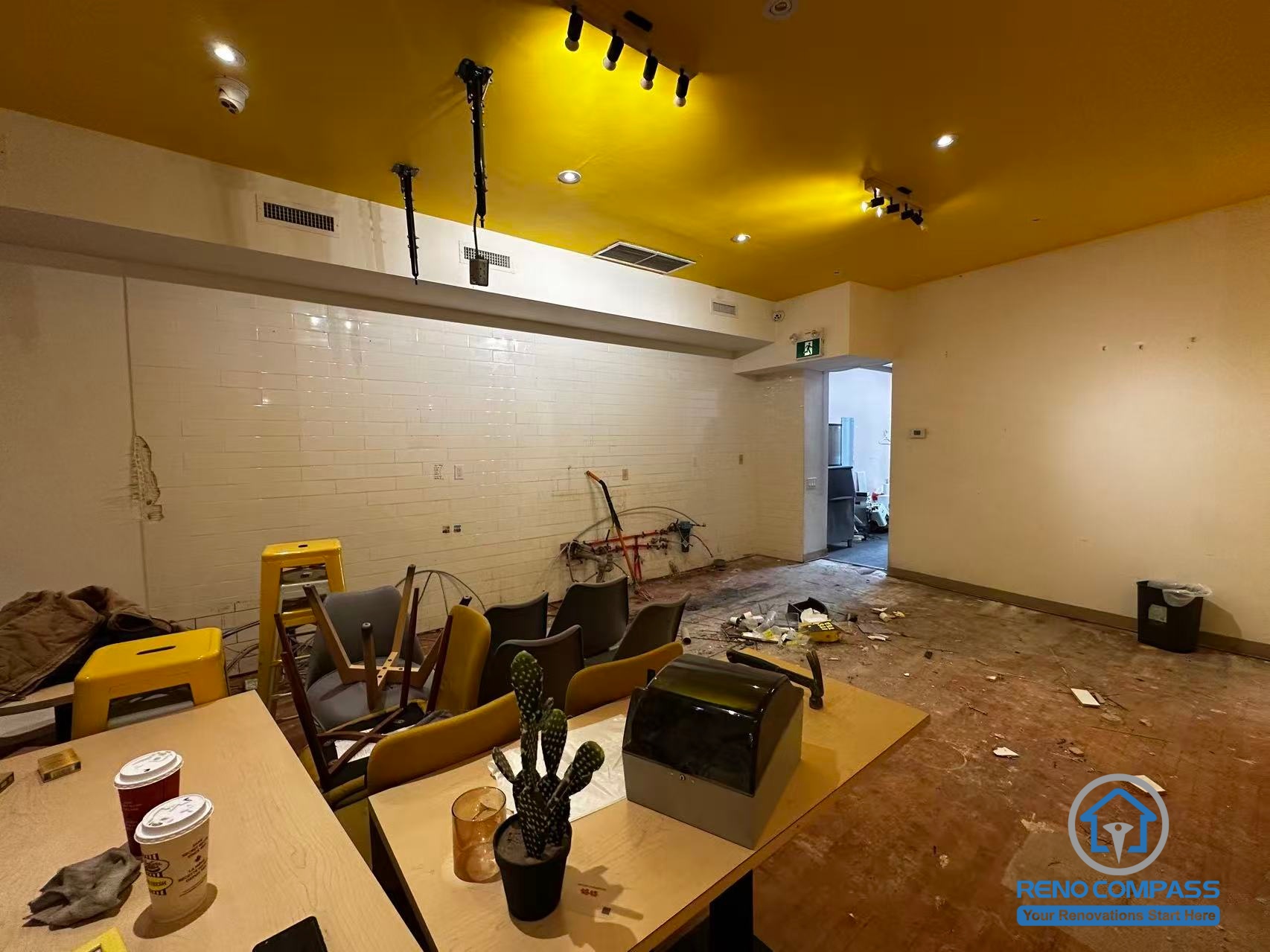 This North York bubble tea shop interior shows the original condition before renovation and commercial remodeling. The Toronto renovation company project includes full interior demolition, flooring replacement, lighting upgrades, and layout redesign to transform the space into a modern and functional bubble tea shop with improved workflow and customer experience.