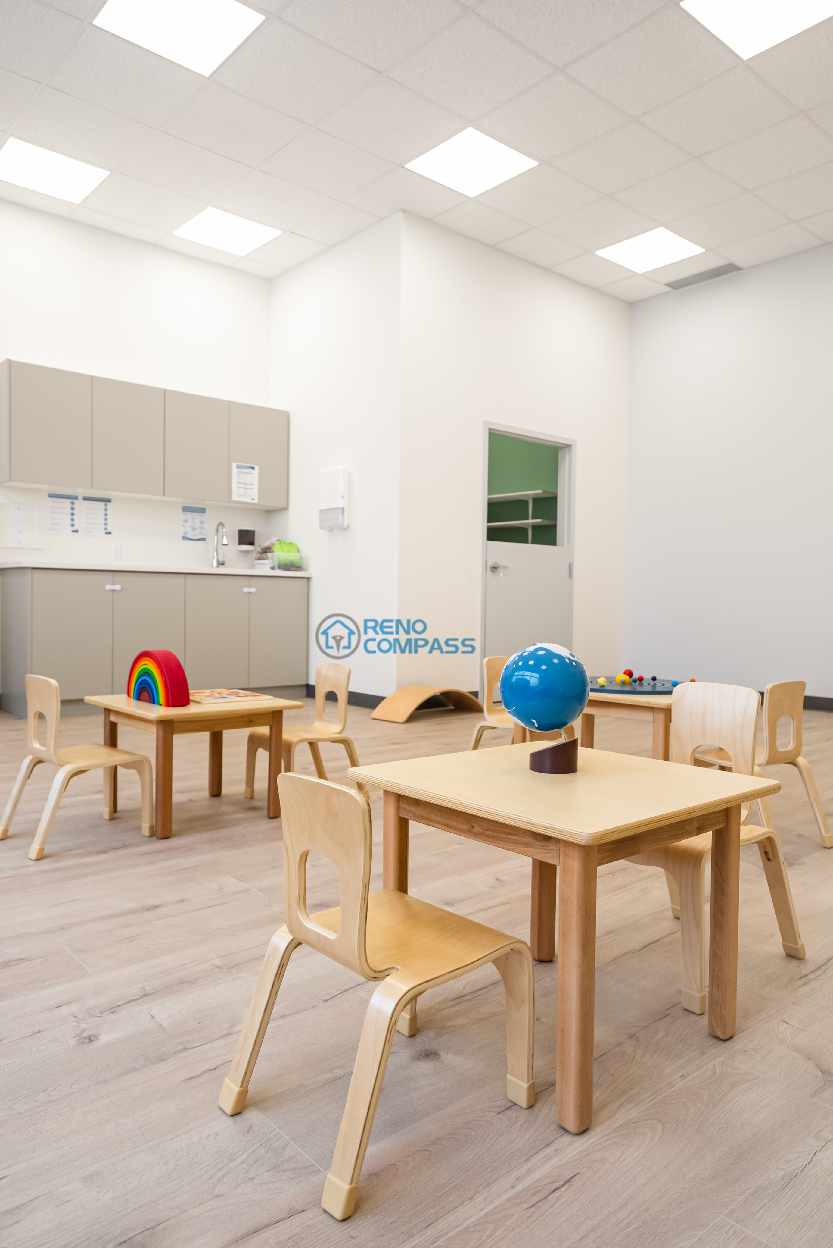 Daycare classroom renovation in Richmond Hill featuring a calm color palette, durable flooring, and a child-friendly layout designed to support focused learning and daily routines.