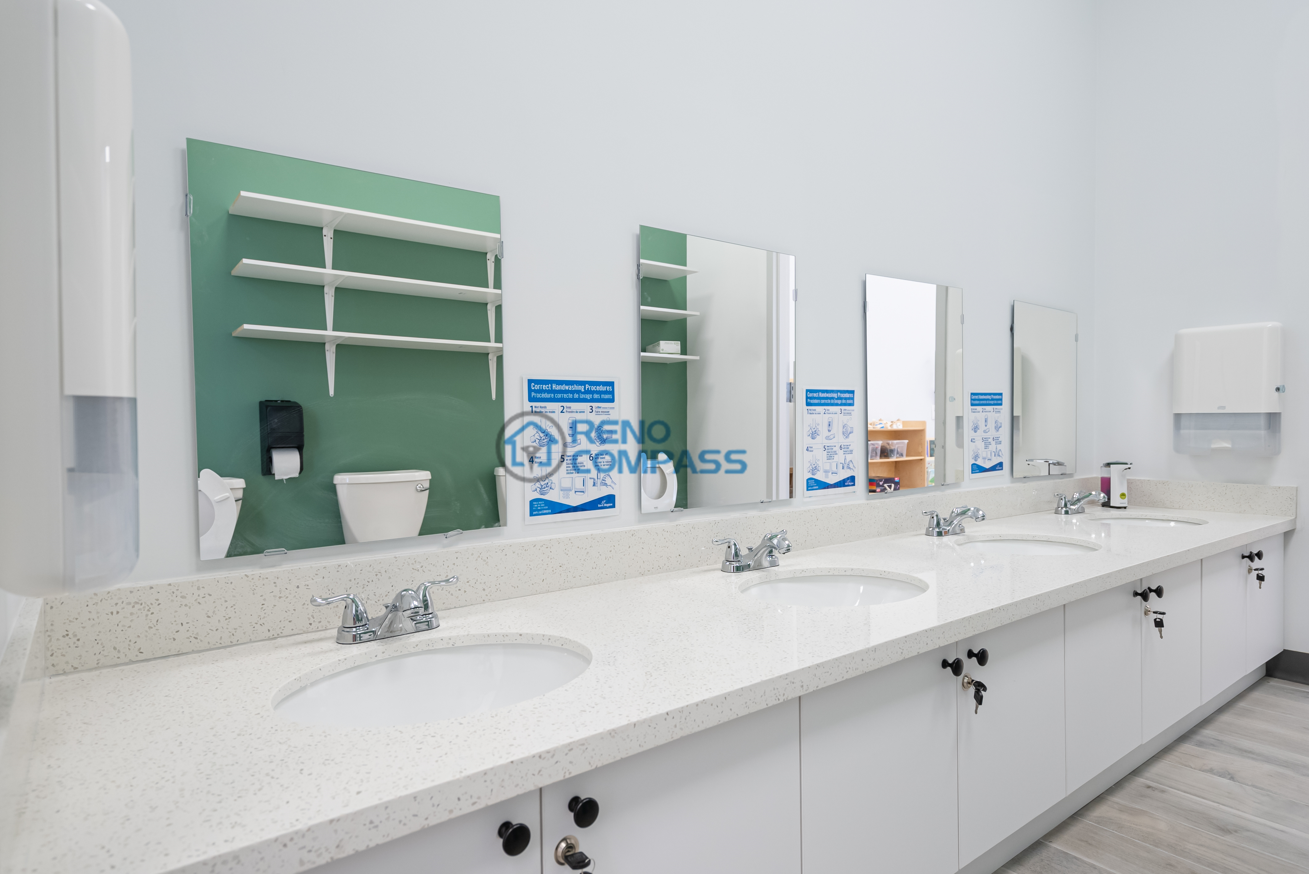 Renovated wash and care area in a Richmond Hill daycare, designed with easy-clean surfaces, practical storage, and a safe layout suitable for daily childcare use.