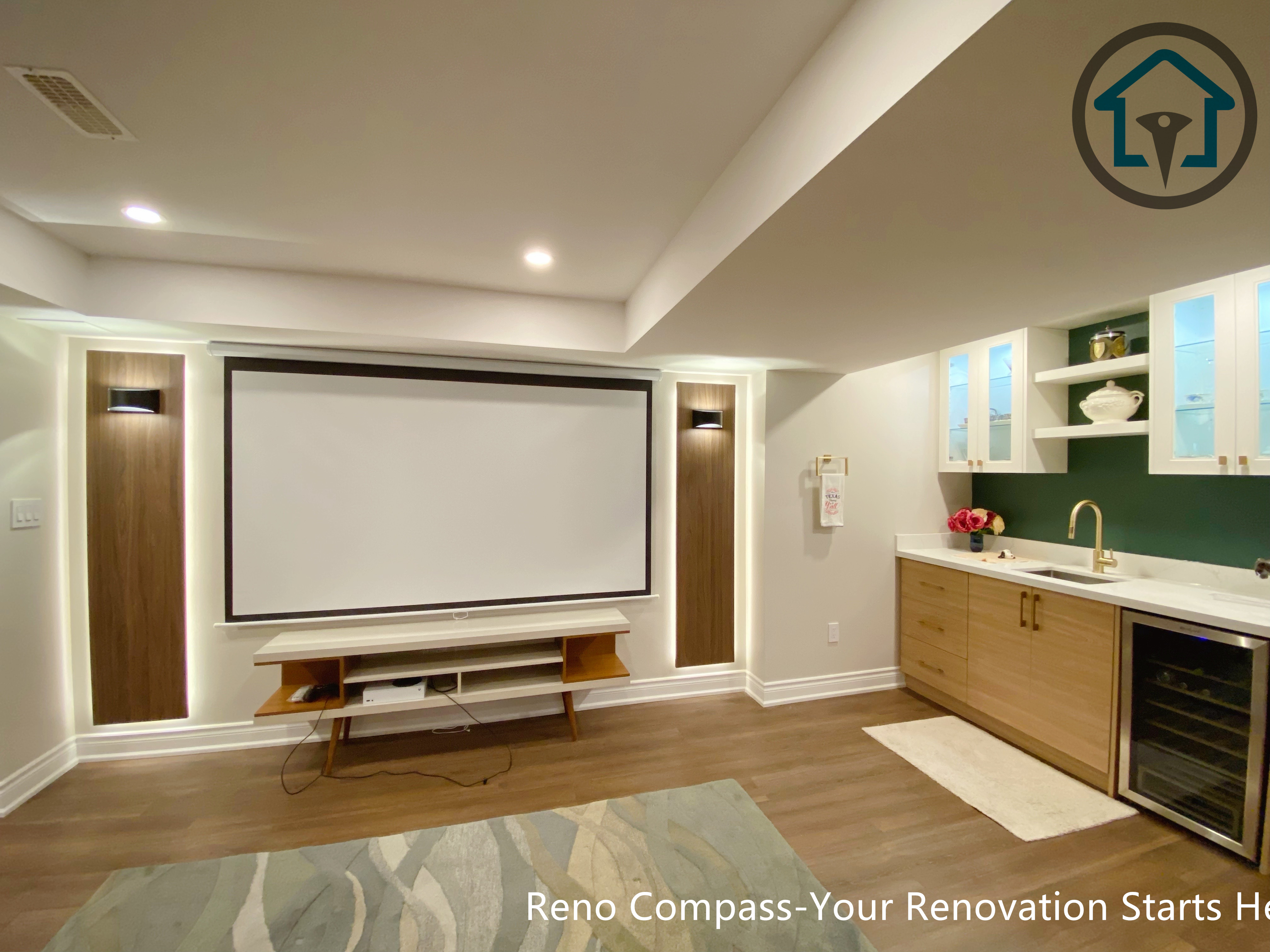 Modern basement renovation in Markham featuring durable vinyl flooring, open layout planning, and cohesive material selections for long-term residential use