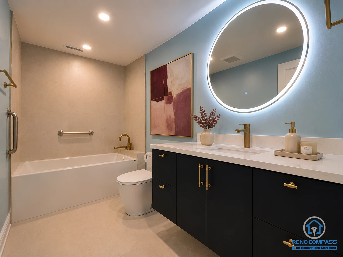 This modern family bathroom features a custom navy vanity, quartz countertop, illuminated round mirror, brushed gold fixtures, and a built-in bathtub with a clean contemporary design. Completed as part of a whole house renovation in North York, the space combines elegant finishes, practical functionality, and timeless style for everyday living.
