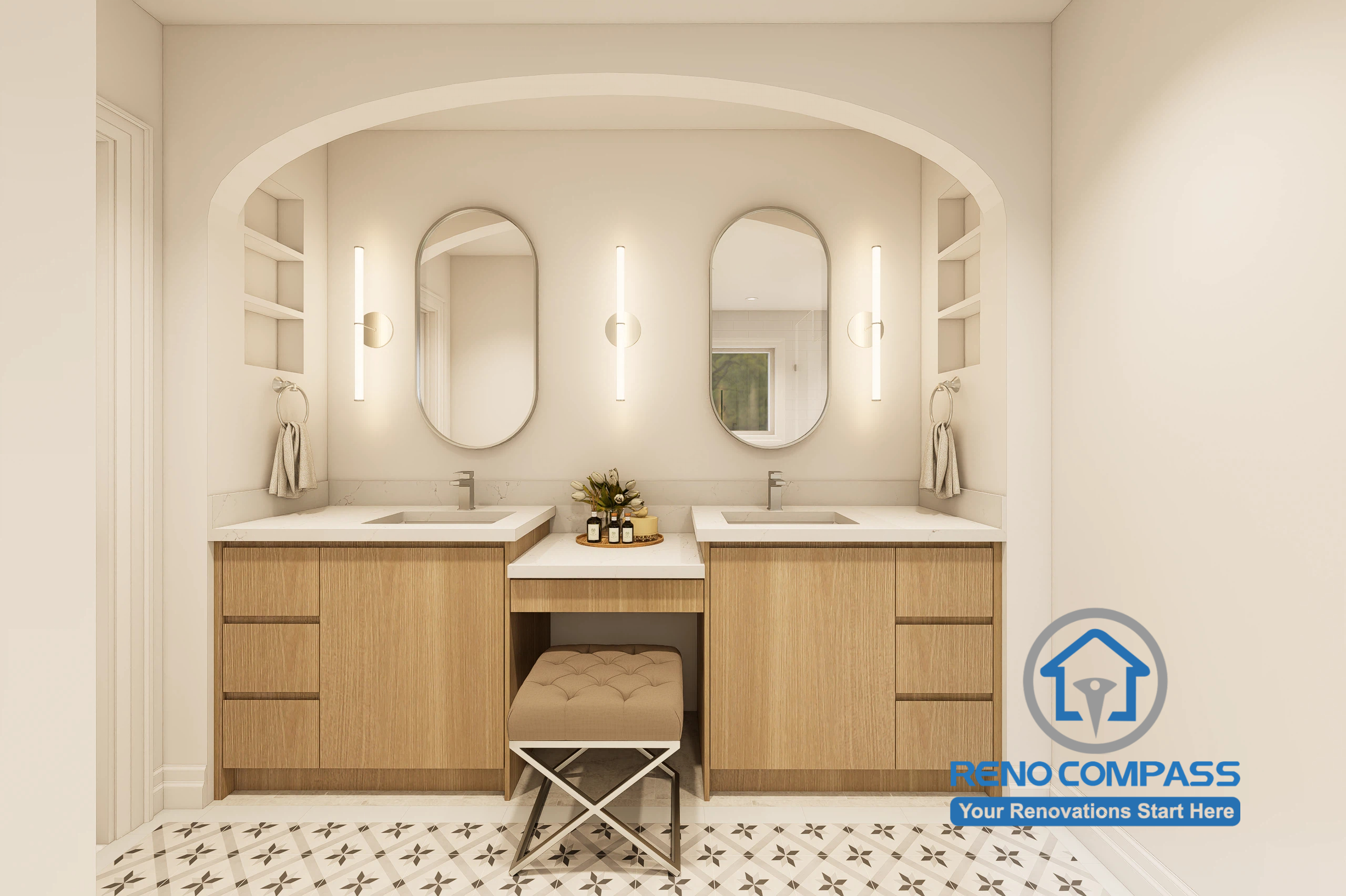 A 3D bathroom design rendering for a modern master bathroom renovation in Markham featuring a custom double vanity, dedicated makeup station, quartz countertops, integrated storage, and elegant contemporary finishes.