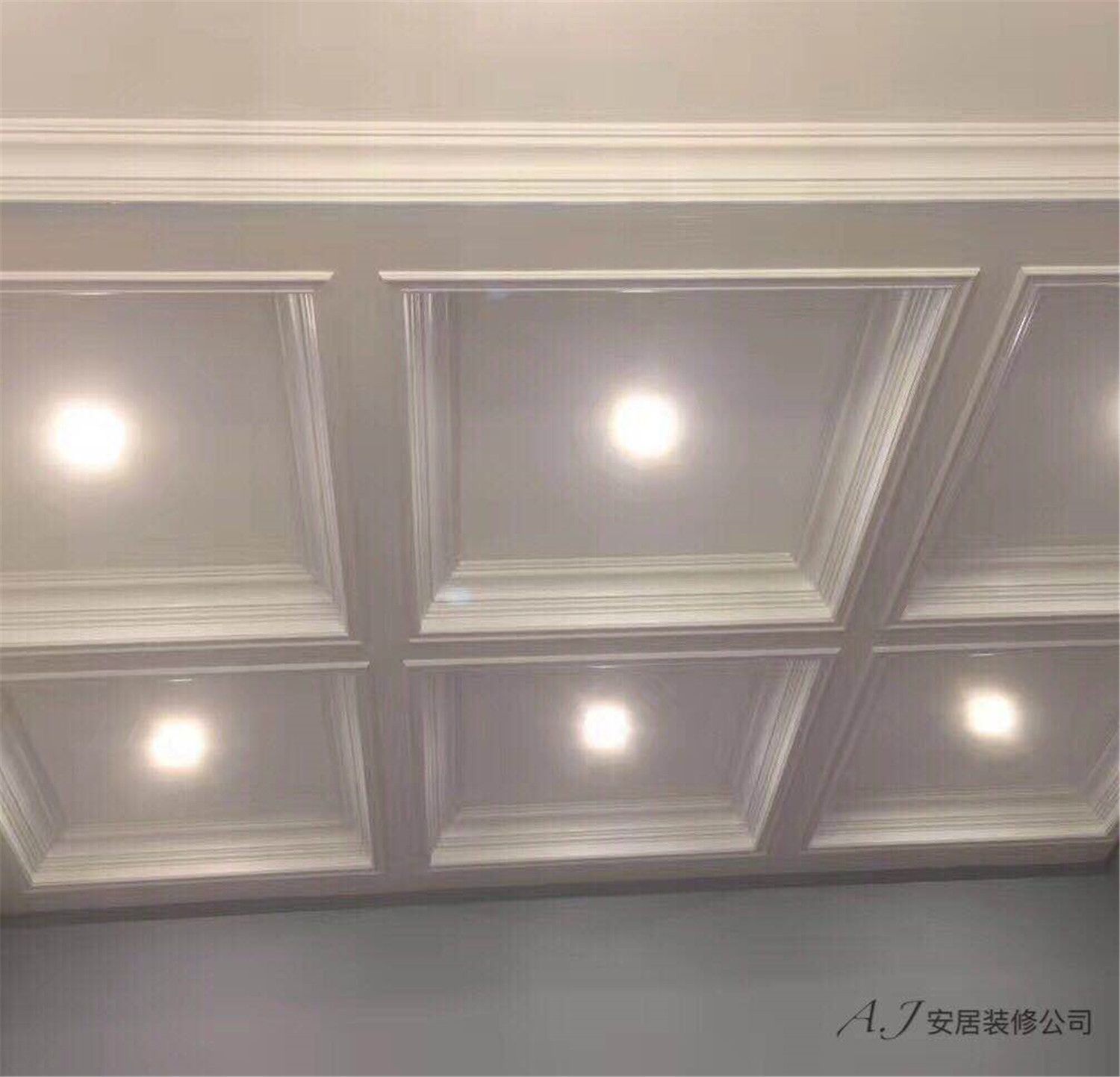 Detailed coffered ceiling design with integrated recessed lighting as part of a Toronto interior renovation. The symmetrical ceiling panels and refined trim work enhance the room’s architectural depth while providing balanced ambient lighting, completed by a professional Toronto renovation company.