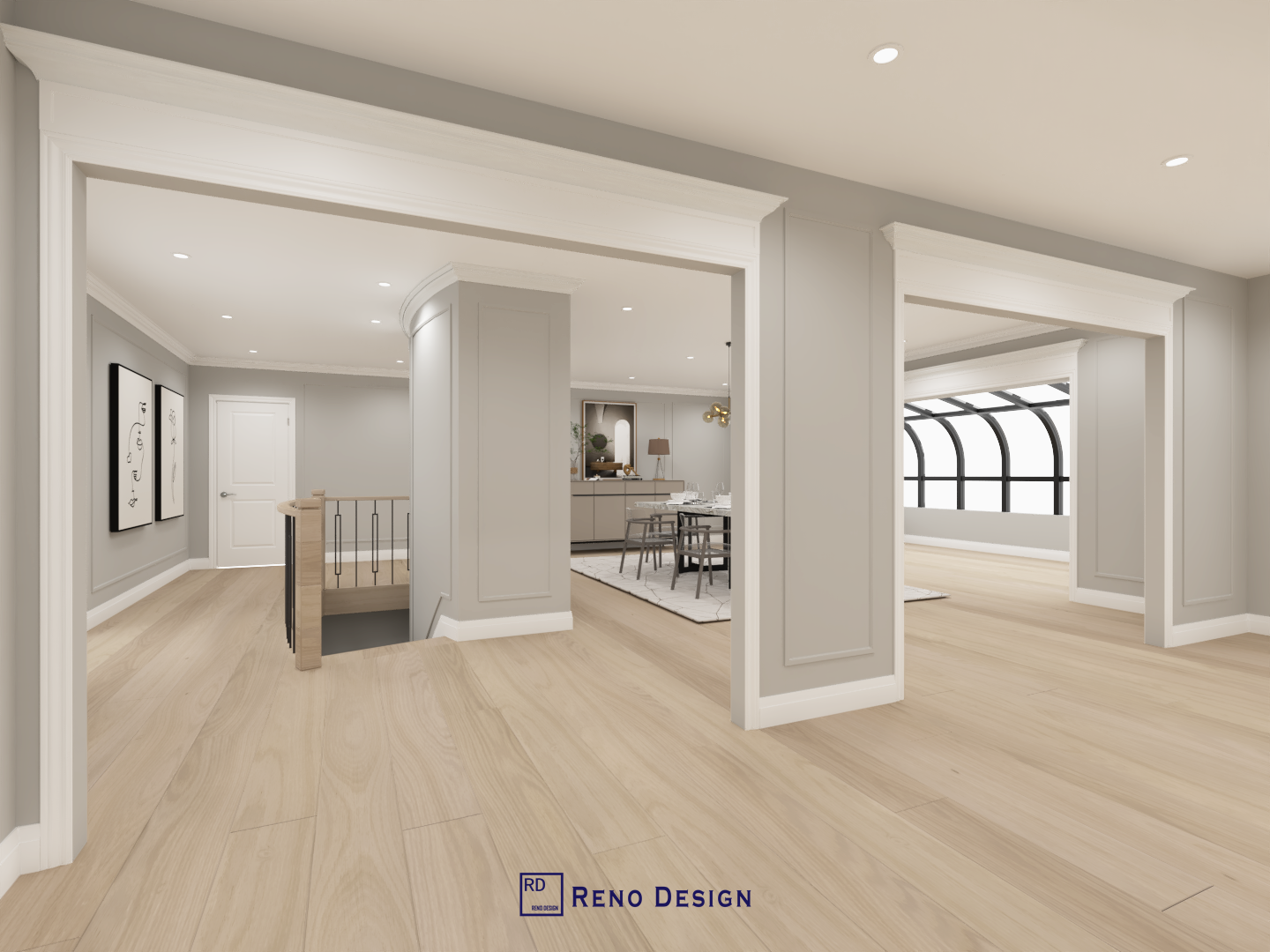 This image highlights the open-concept transition between the living and dining areas in a Toronto bungalow interior design project. Framed openings, clean architectural detailing, and continuous wood flooring define zones while preserving visual flow and spaciousness. Balanced lighting and neutral finishes reinforce a cohesive, calm interior experience. Designed and completed by Reno Compass, this layout reflects a thoughtful approach to space planning for single-level homes in Toronto.