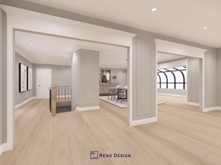 This image highlights the open-concept transition between the living and dining areas in a Toronto bungalow interior design project. Framed openings, clean architectural detailing, and continuous wood flooring define zones while preserving visual flow and spaciousness. Balanced lighting and neutral finishes reinforce a cohesive, calm interior experience. Designed and completed by Reno Compass, this layout reflects a thoughtful approach to space planning for single-level homes in Toronto.