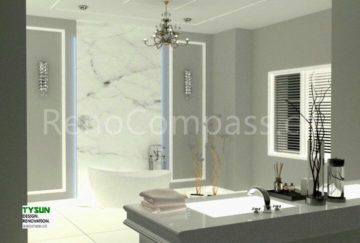 A luxury bathroom interior design project in Toronto featuring a marble feature wall, freestanding bathtub, custom vanity, and elegant chandelier lighting. The space combines refined materials, soft lighting accents, and balanced proportions, showcasing premium Toronto interior design and high-end interior renovation craftsmanship.