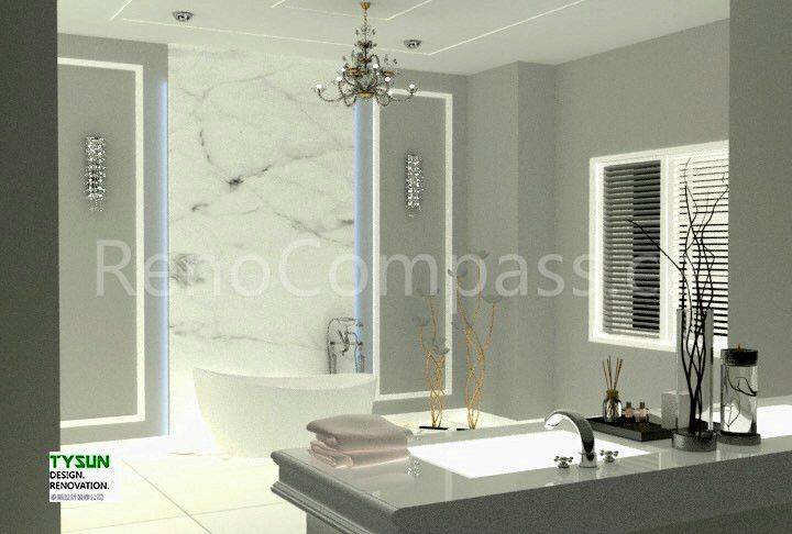 A luxury bathroom interior design project in Toronto featuring a marble feature wall, freestanding bathtub, custom vanity, and elegant chandelier lighting. The space combines refined materials, soft lighting accents, and balanced proportions, showcasing premium Toronto interior design and high-end interior renovation craftsmanship.