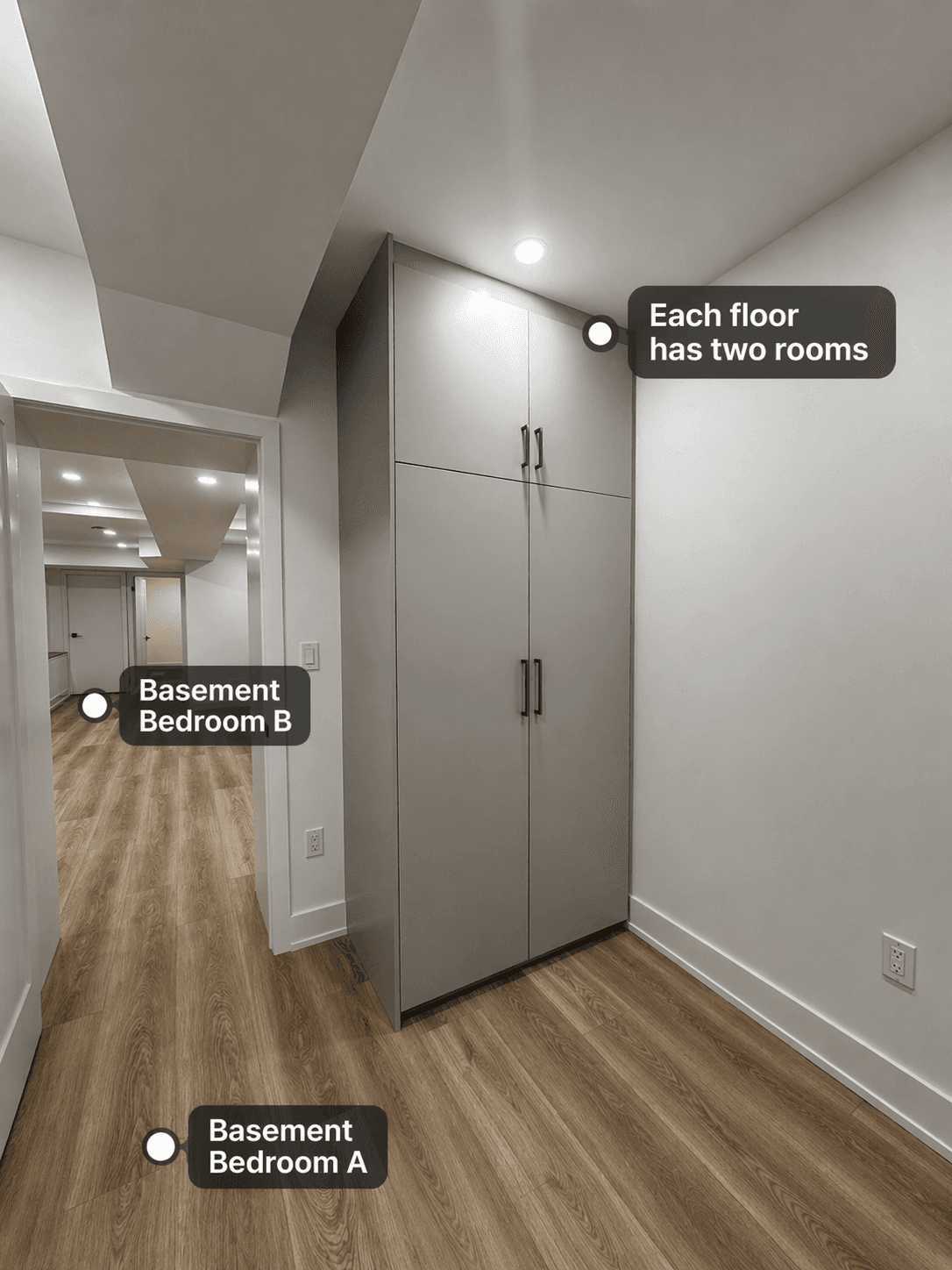 This basement layout features multiple bedrooms with built-in storage as part of a Toronto legal 3-unit conversion. Each floor is designed with two rooms, allowing flexible rental arrangements and maximizing income potential.