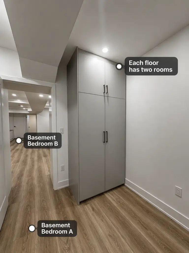 This basement layout features multiple bedrooms with built-in storage as part of a Toronto legal 3-unit conversion. Each floor is designed with two rooms, allowing flexible rental arrangements and maximizing income potential.