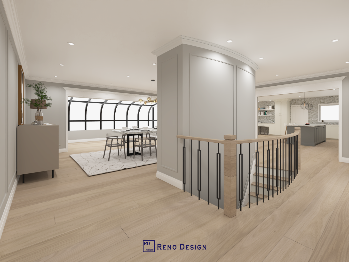 This image highlights the open-concept interior layout of a Toronto bungalow, showcasing smooth circulation between the dining area, transitional hallway, and adjacent living spaces. Clean architectural lines, light wood flooring, and custom railing details help define zones while maintaining visual continuity. Designed and completed by Reno Compass, this interior renovation reflects a thoughtful approach to space planning and flow for single-level homes in Toronto.