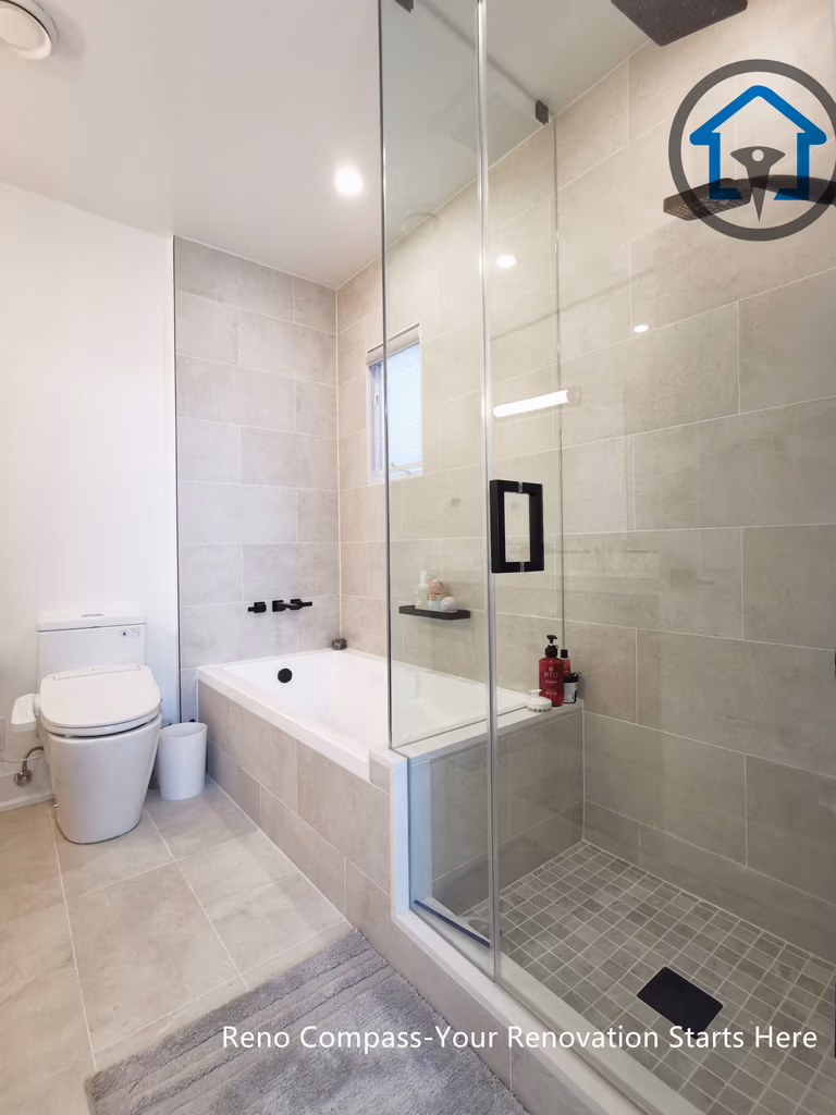 This North York bathroom renovation showcases a clean and functional layout featuring a built-in bathtub, a glass-enclosed shower, and soft neutral tile finishes. Matte black fixtures add contrast while the compact window improves natural light and ventilation, creating a bright and comfortable bathroom completed by a Toronto renovation company focused on quality workmanship and practical design.