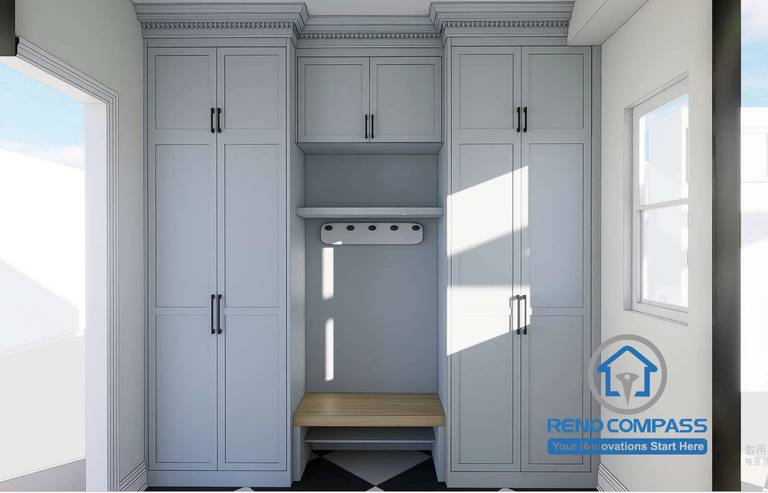 Functional mudroom design in Toronto renovation with built-in storage, seating, and organized entryway solution.