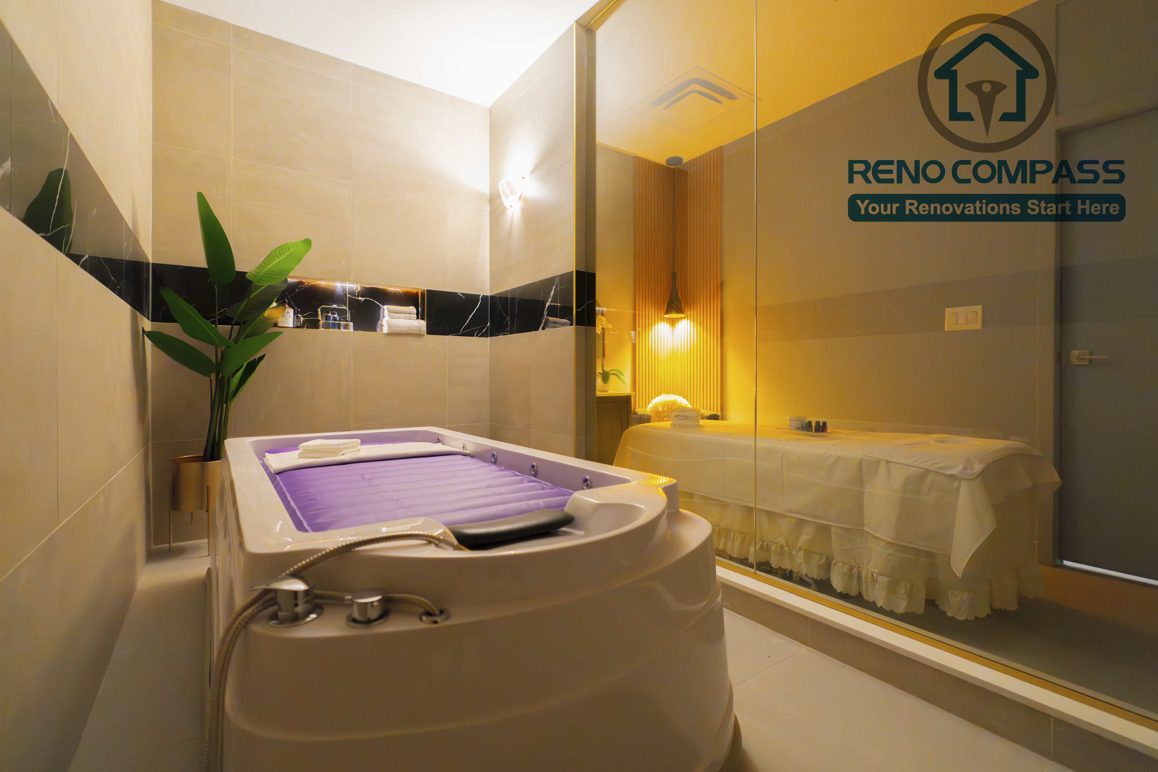 Spa treatment room completed as part of a North York beauty salon renovation. This space features professional spa equipment, glass partitioning, soft ambient lighting, and clean, moisture-resistant wall finishes. The layout is designed to support hygiene standards, client privacy, and a calm treatment environment, delivered by a professional Toronto renovation company.
