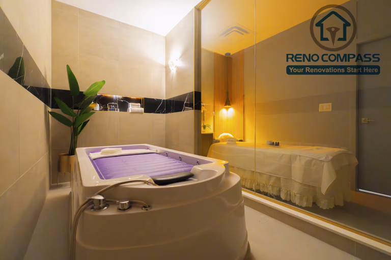 Spa treatment room completed as part of a North York beauty salon renovation. This space features professional spa equipment, glass partitioning, soft ambient lighting, and clean, moisture-resistant wall finishes. The layout is designed to support hygiene standards, client privacy, and a calm treatment environment, delivered by a professional Toronto renovation company.