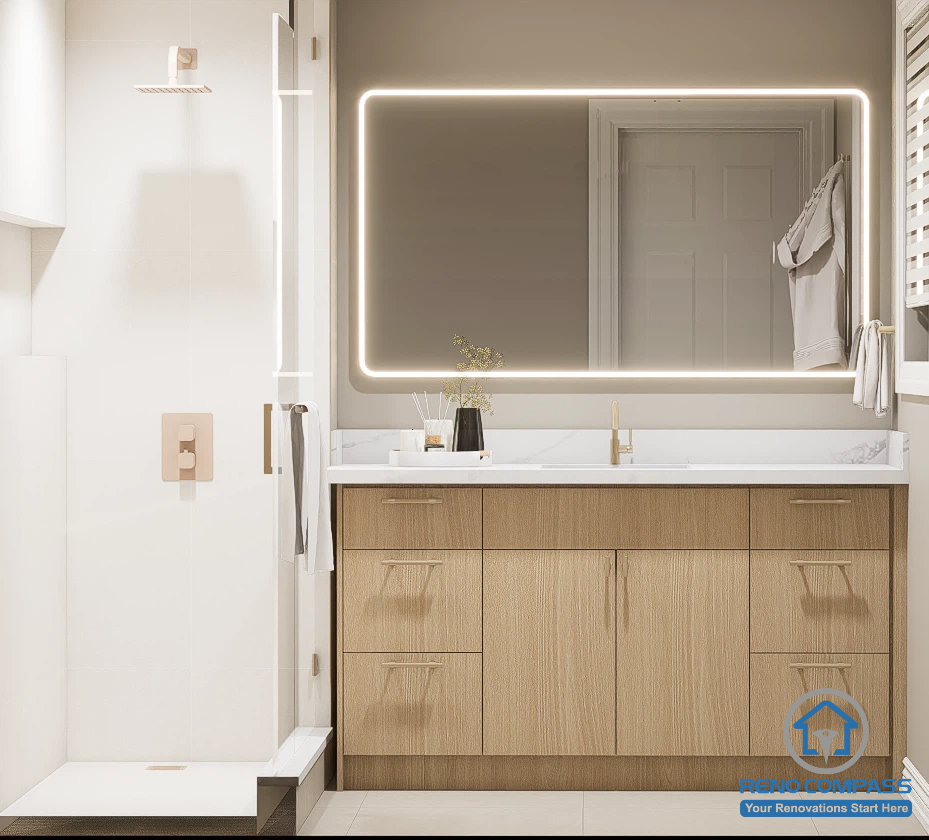 This modern bathroom was renovated as part of a whole house renovation in North York. Featuring a custom oak vanity, quartz countertop, oversized LED mirror, and clean contemporary finishes, the space is designed to maximize brightness, functionality, and everyday comfort while maintaining a timeless aesthetic.