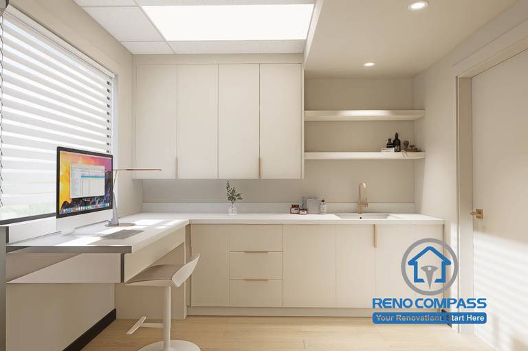 A functional staff area in a Markham medical aesthetic clinic renovation project, featuring custom cabinetry, workspace integration, and clean layout to support daily operations efficiently.