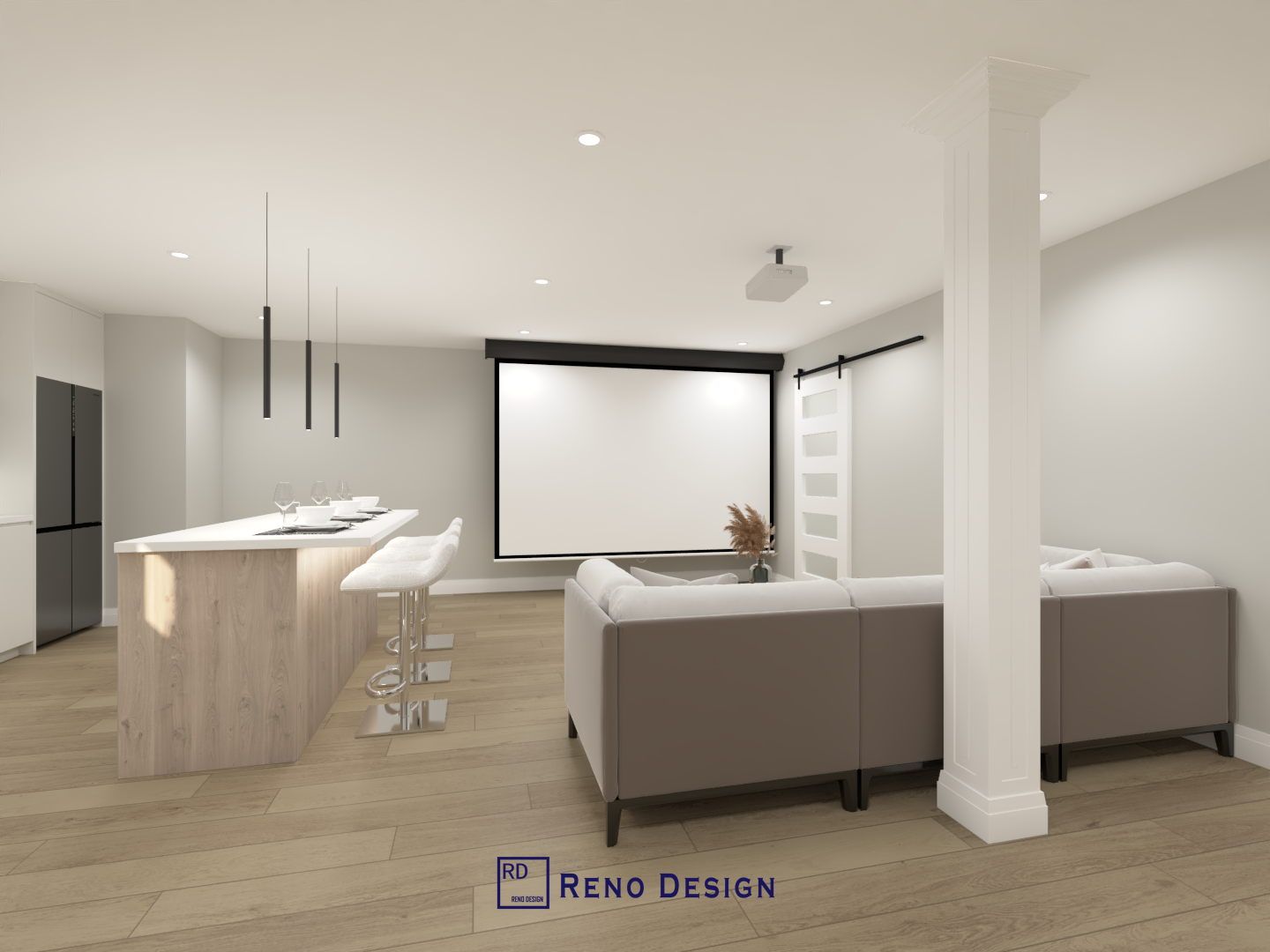This basement entertainment area is part of a 1250 sqft modern basement renovation project located in the Aurora community of the Greater Toronto Area. The space integrates a home theater setup with a projector and sofa seating, combined with an open island kitchen for entertaining and daily use. Designed in a modern style, this multifunctional basement activity area enhances social interaction, leisure, and usability, adding significant lifestyle value to the home. Completed by a professional Toronto renovation company, the renovation maximizes both comfort and functionality.