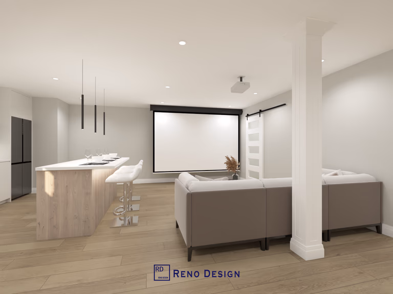 This basement entertainment area is part of a 1250 sqft modern basement renovation project located in the Aurora community of the Greater Toronto Area. The space integrates a home theater setup with a projector and sofa seating, combined with an open island kitchen for entertaining and daily use. Designed in a modern style, this multifunctional basement activity area enhances social interaction, leisure, and usability, adding significant lifestyle value to the home. Completed by a professional Toronto renovation company, the renovation maximizes both comfort and functionality.