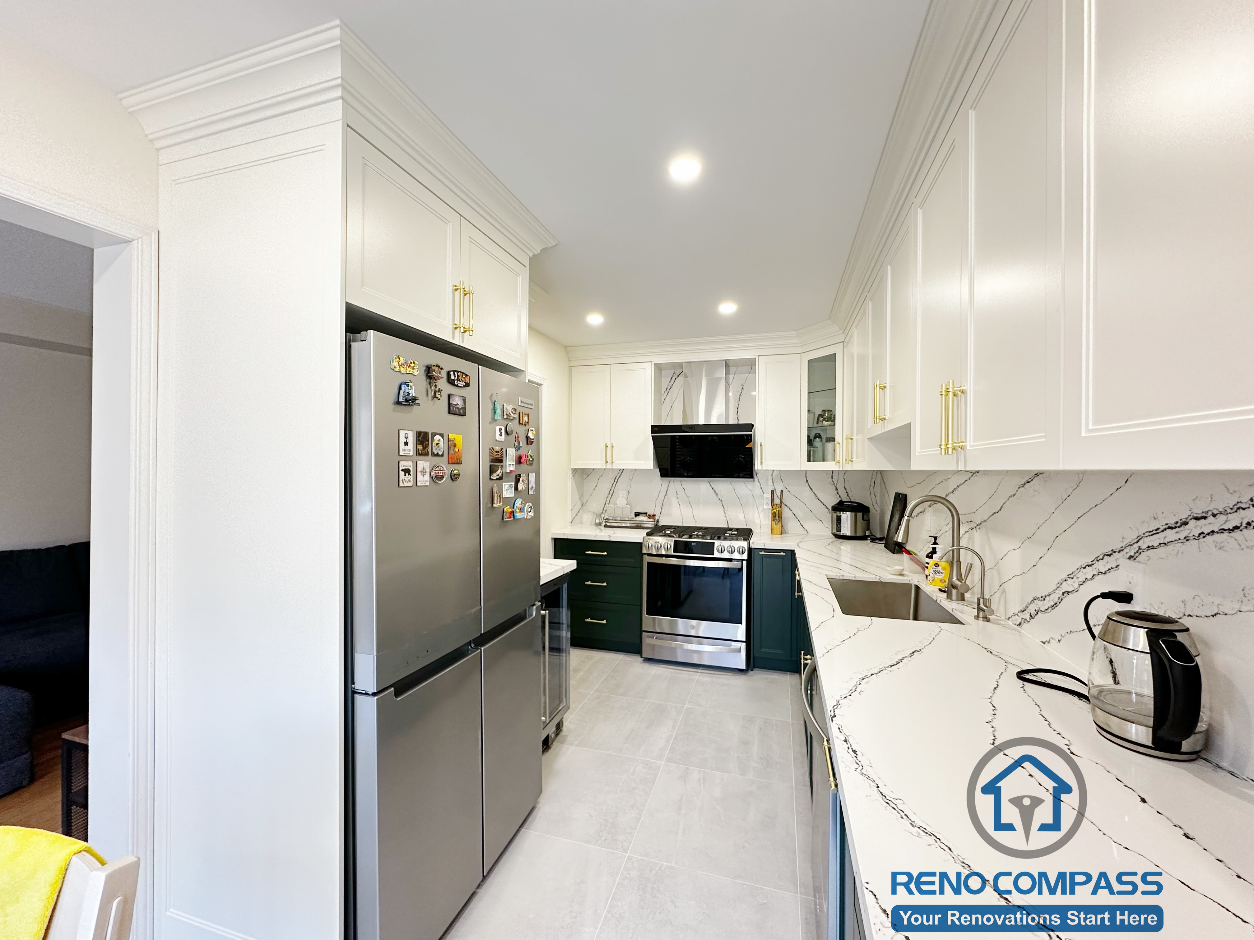 This Mississauga kitchen renovation highlights a functional appliance wall with custom cabinetry, quartz countertops, and a streamlined cooking layout. The design improves daily workflow, balances storage and prep space, and delivers a clean, modern residential kitchen environment.