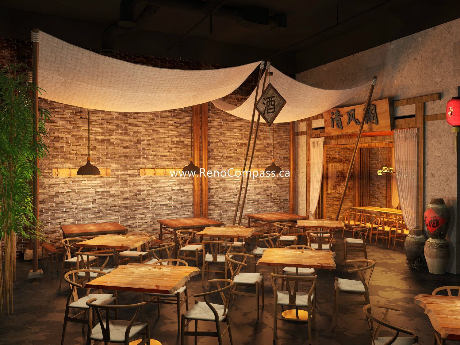 Showcasing the integration of a live performance stage within a modern BBQ restaurant. This Markham interior design project features signature bamboo umbrella ceiling decor, custom wood bench seating, and warm accent lighting. Designed for high-traffic commercial use, balancing acoustics with a sophisticated Zen-industrial aesthetic.