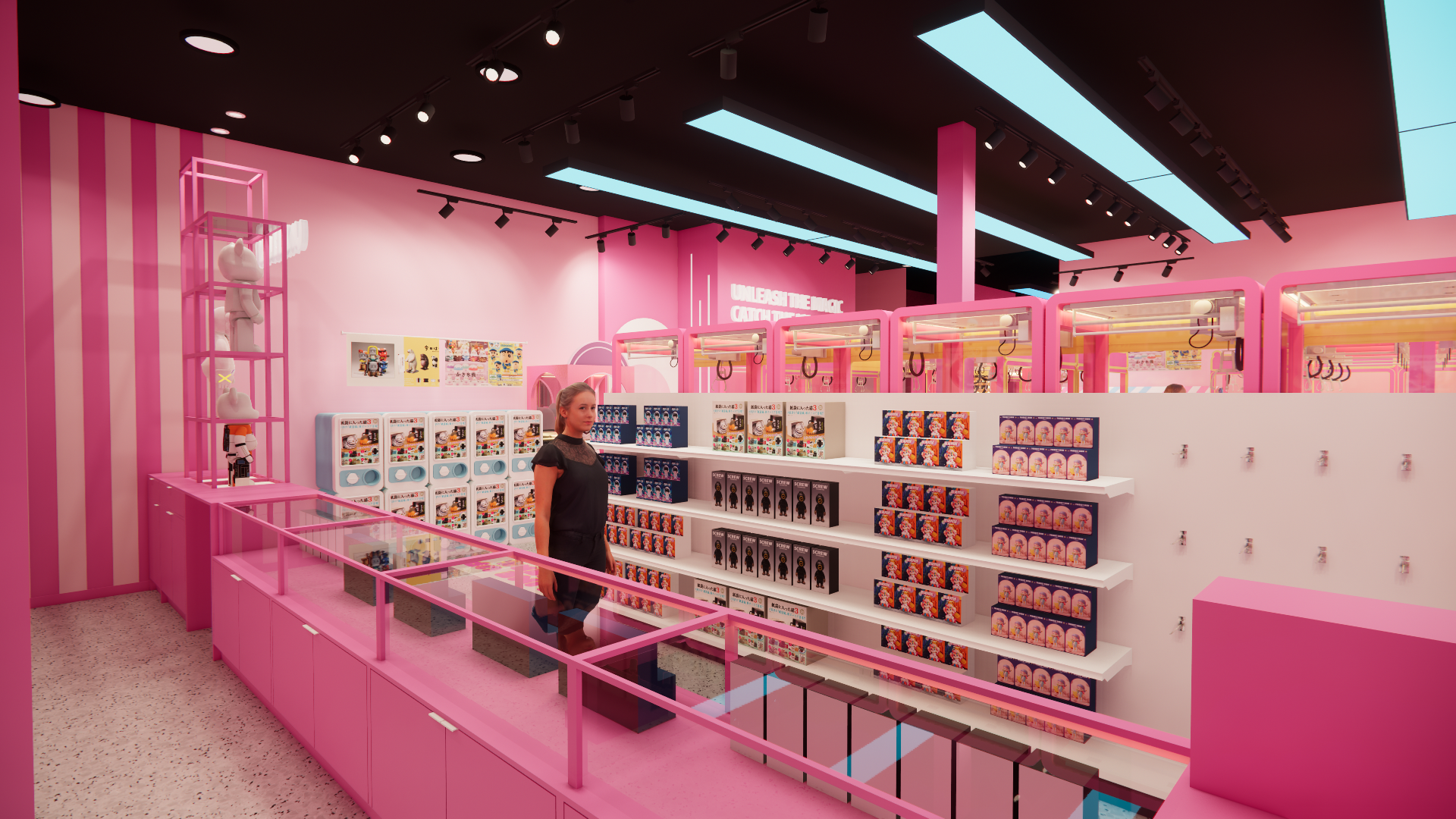 The interior view of the front counter area in a Waterloo claw machine arcade, showcasing organized prize displays and integrated retail shelving behind the service counter. The pink-themed interior, clear circulation paths, and structured merchandise layout support efficient staff operation while enhancing customer visibility and engagement within the arcade retail environment.