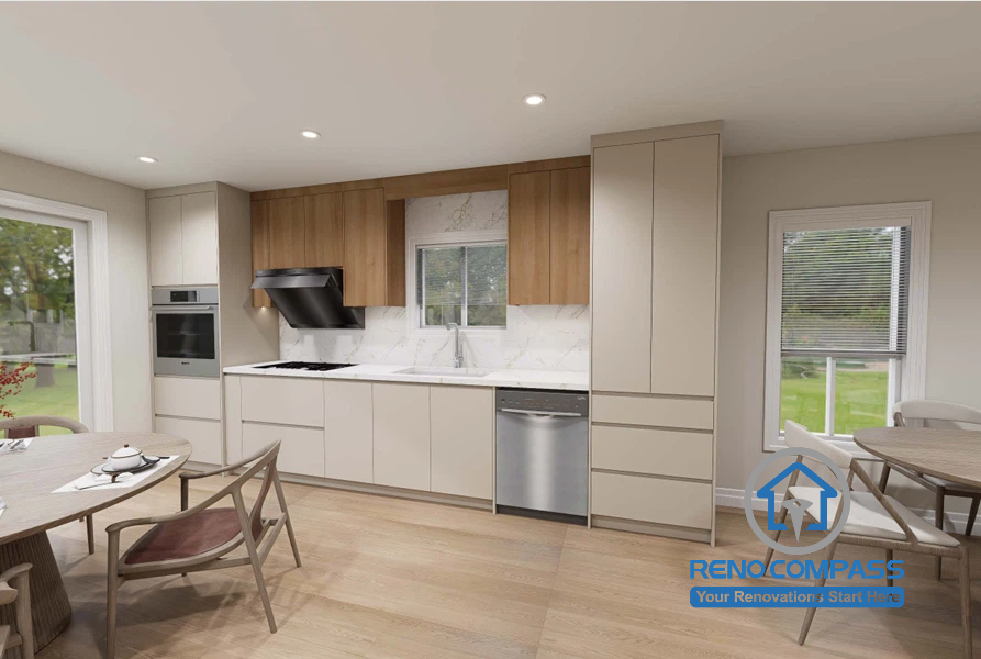 This Scarborough interior design project features a modern open-concept kitchen with custom cabinetry, integrated appliances, warm wood accents, quartz countertops, and functional space planning. The bright, minimalist design seamlessly connects the kitchen with the dining and living areas to create a stylish and highly functional family space.