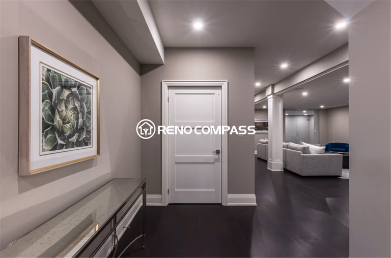 Modern luxury basement renovation in Toronto featuring elegant hallway design, recessed ceiling lighting, dark hardwood flooring, and an open-concept entertainment area. This professionally finished basement space was completed by a trusted Toronto renovation company, Reno Compass Inc., creating a stylish and functional living environment.