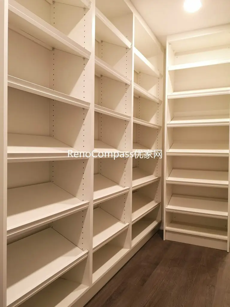 Custom walk-in basement storage room renovation in Richmond Hill featuring full-height built-in shelving, durable flooring, and bright recessed lighting. Completed by Reno Compass Inc., this organized storage space maximizes functionality and home value.