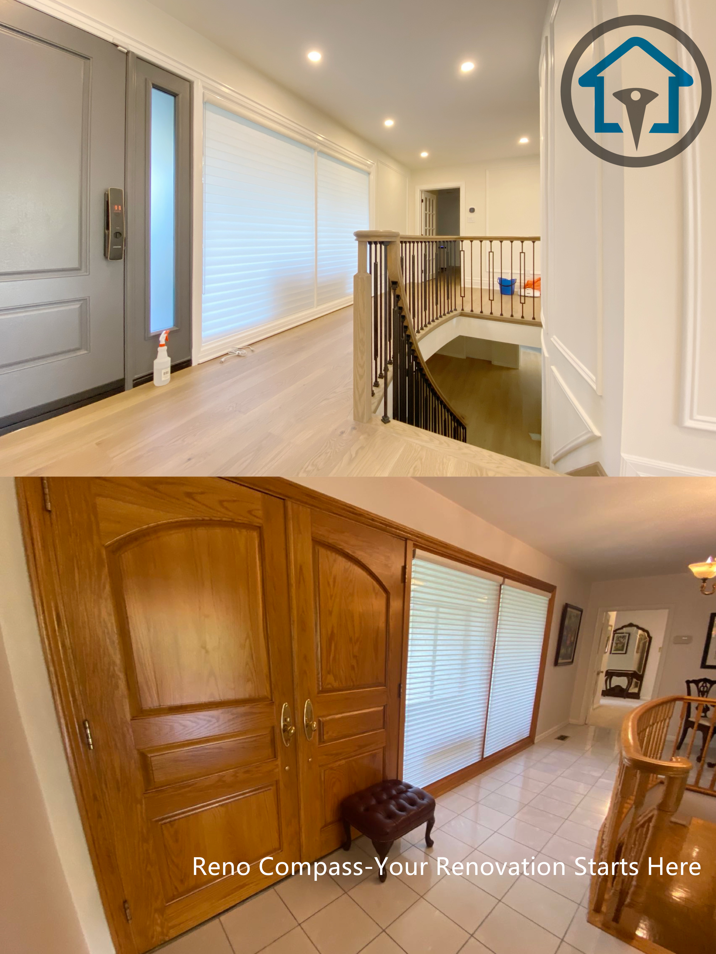 This before-and-after comparison highlights the transformation of the main entryway and staircase area in a North York house. The renovation replaced dated finishes with a brighter, more cohesive design, improving lighting, flooring continuity, and railing details to create a cleaner, more open first impression and smoother circulation between levels.