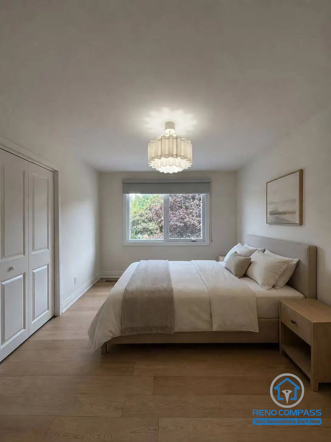 This contemporary bedroom was renovated as part of a whole house renovation in North York. Featuring warm wood flooring, large windows, soft neutral tones, and minimalist furnishings, the space offers a bright, peaceful, and comfortable environment designed for everyday relaxation and modern living.