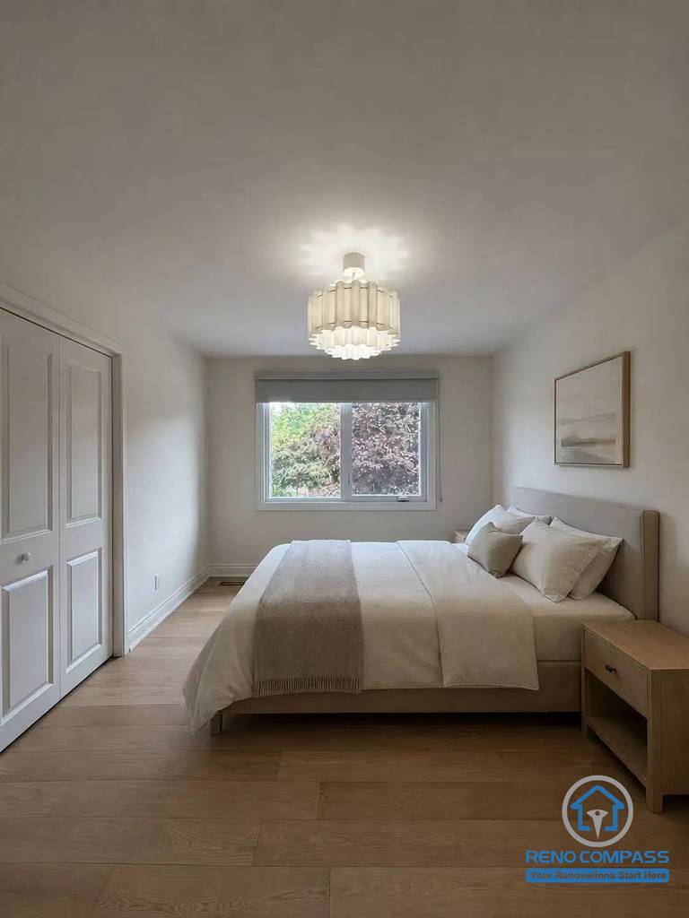 This contemporary bedroom was renovated as part of a whole house renovation in North York. Featuring warm wood flooring, large windows, soft neutral tones, and minimalist furnishings, the space offers a bright, peaceful, and comfortable environment designed for everyday relaxation and modern living.